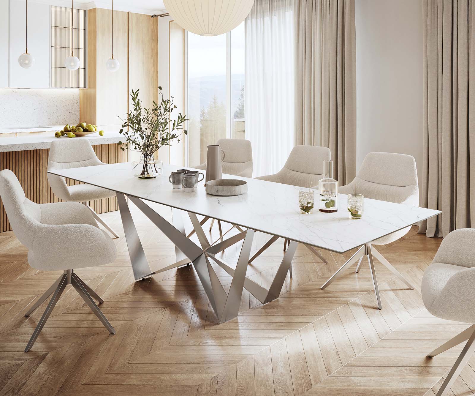 Esstisch Edge 300x100cm Keramik Laminam®Statuarietto Weiß Spider Flachstahl Edelstahl 1