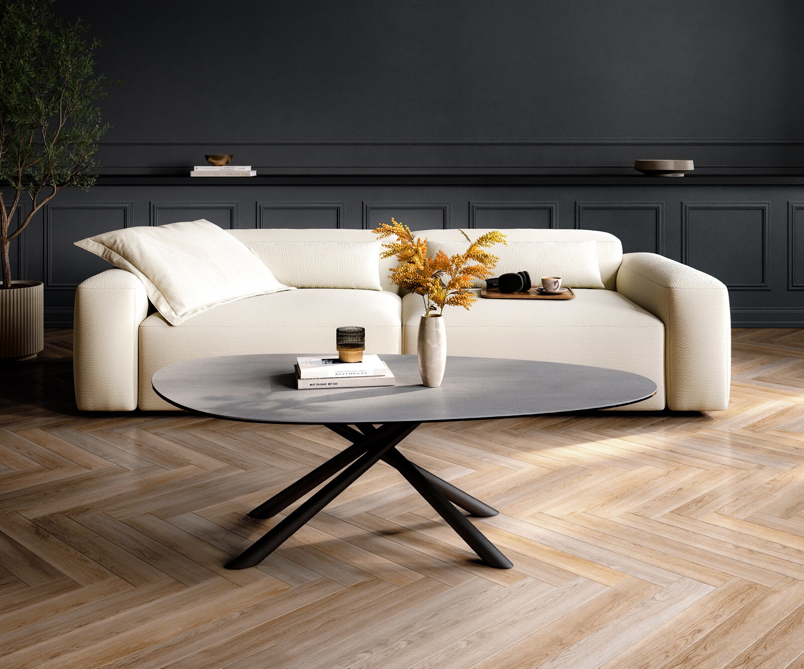 Table basse Edge ovale 140x75 cm céramique béton gris Sarity métal noir 2