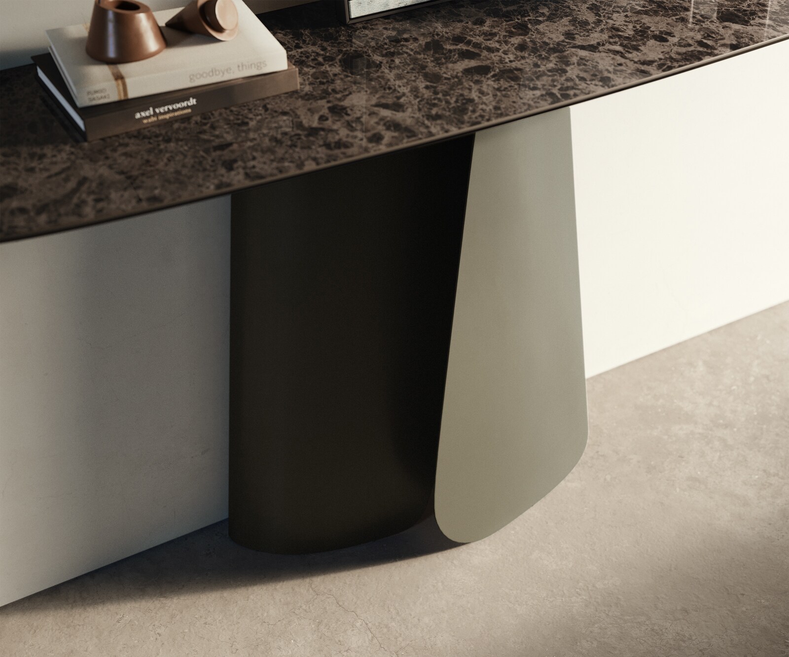 Console Edge forme bateau 140x40 cm Céramique Emperador Extra Lucidato Dunkelbraun Livos Métal Effektfinish Titan 5