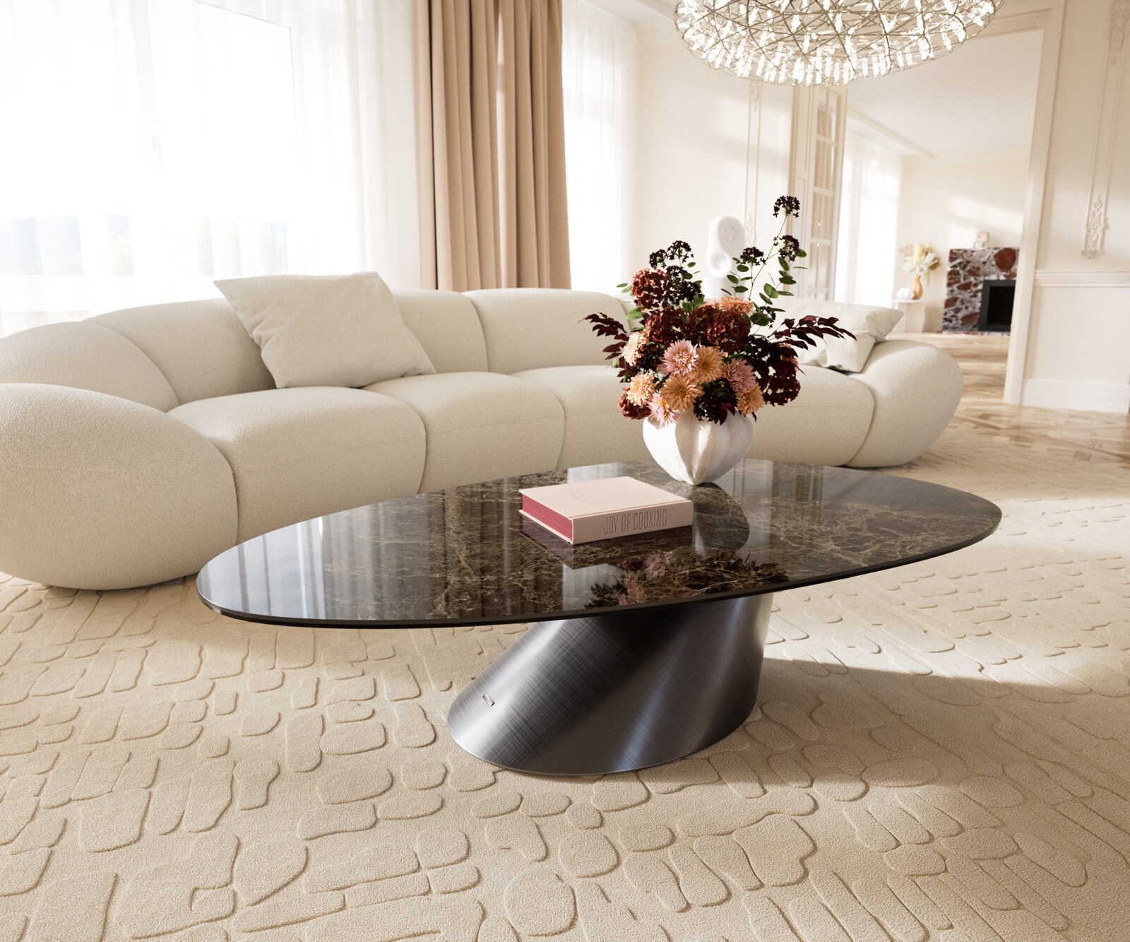 Table basse Edge ovale 140x75 cm céramique Emperador Extra Lucidato brun foncé Conis métallique argent 1