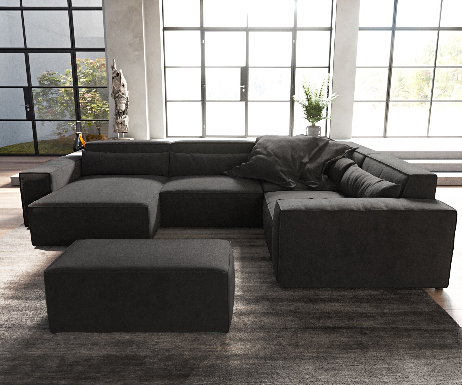 Wohnlandschaft Sirpio 300x200 cm Mikrofaser Schwarz Recamiere variabel mit Hocker 1