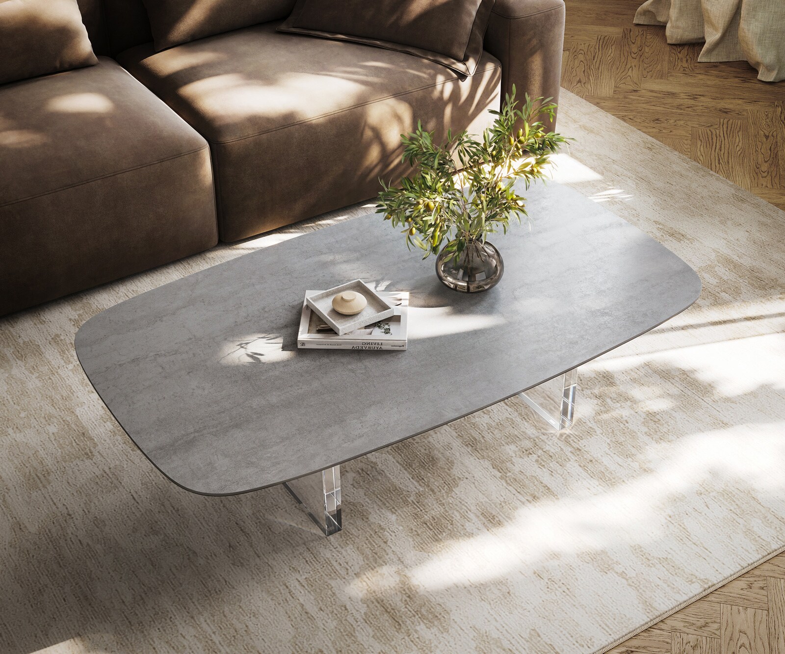 Table basse Edge forme bateau 140x80 cm céramique béton gris Lumia acrylique 3