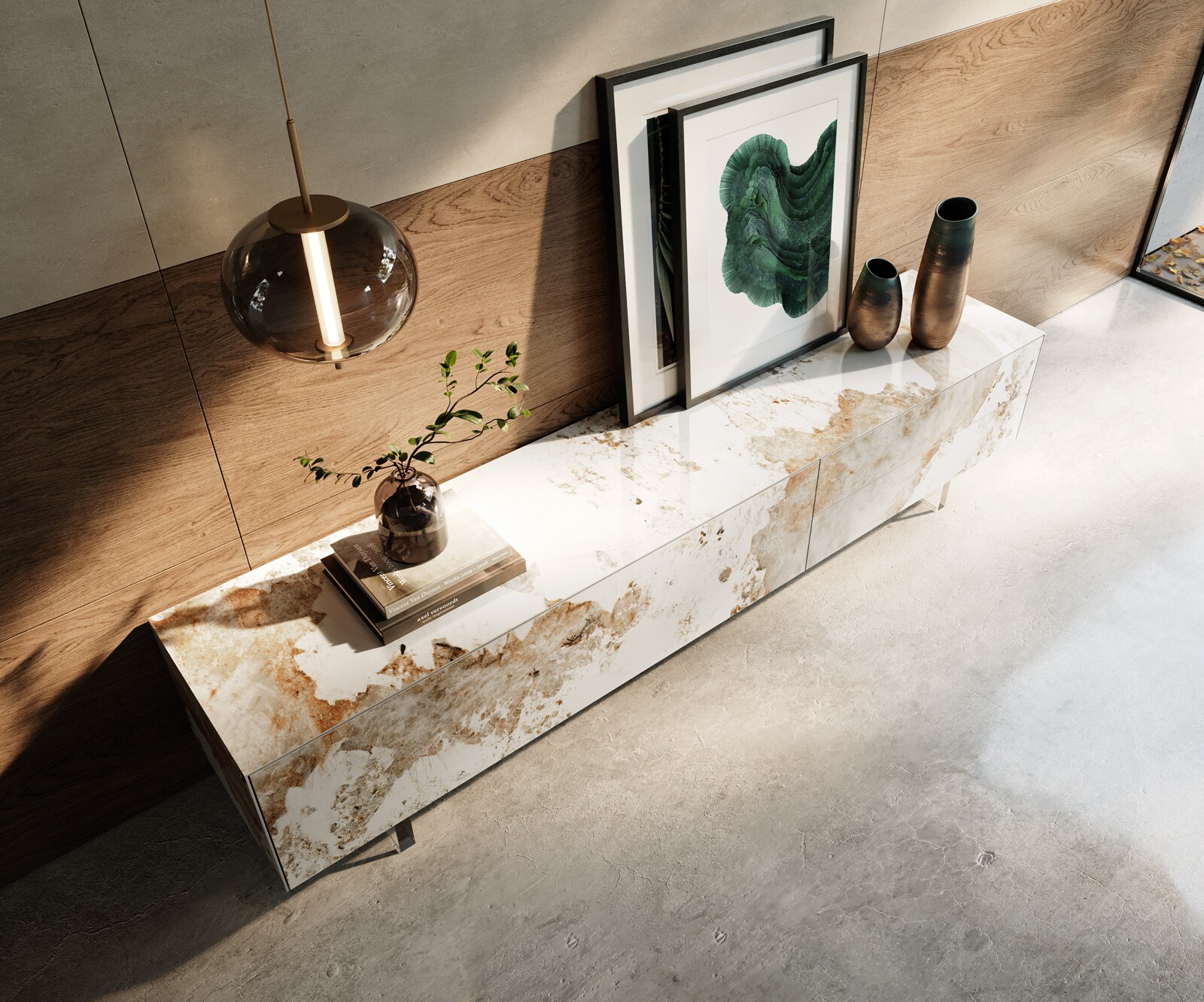 Lowboard Cuor 220 cm Keramik Minas Melange Weiß-Beige 1 Klappe 2 Schubfächer Fuß Schwebeoptik Acrylglas 4