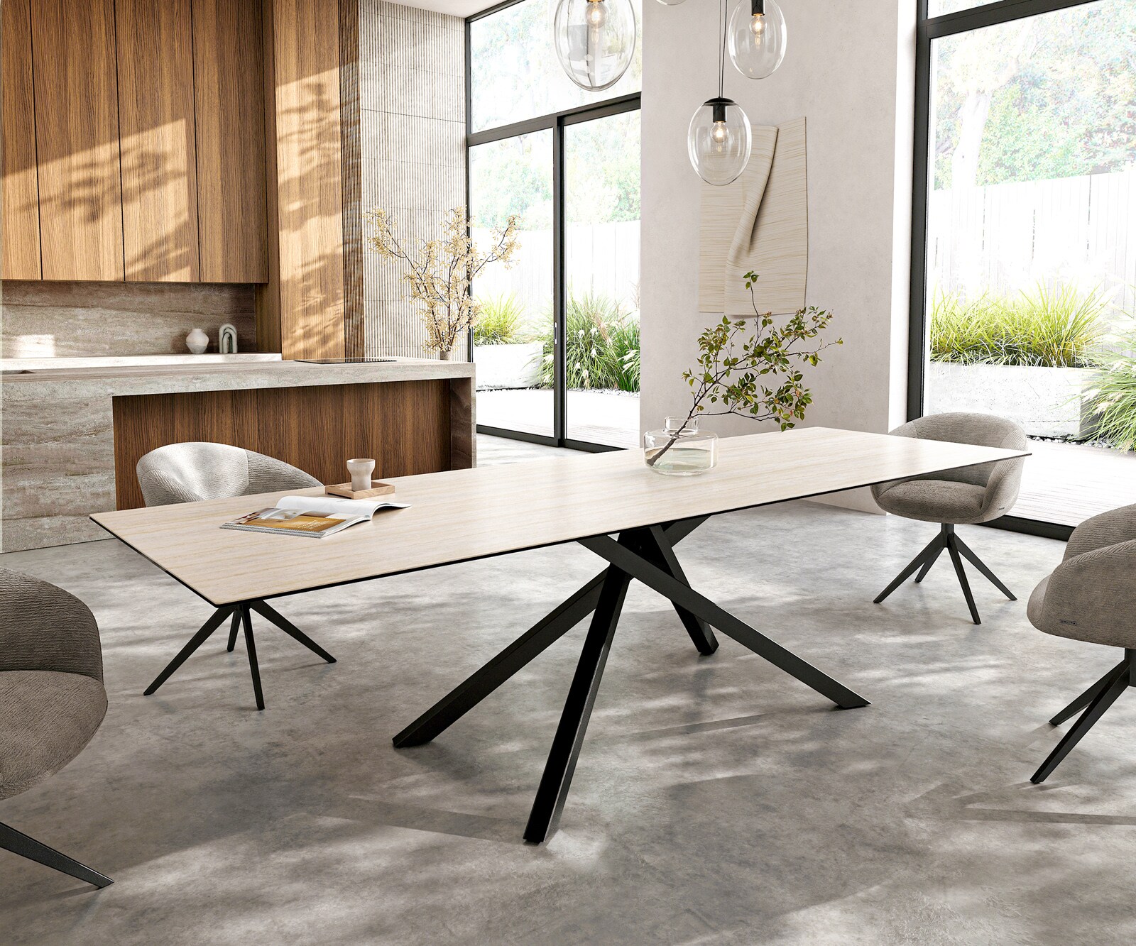Esstisch Edge 300x100 cm Keramik Laminam®Travertino Bianco Creme-Weiß Kreuzgestell Rechteck Schwarz 1