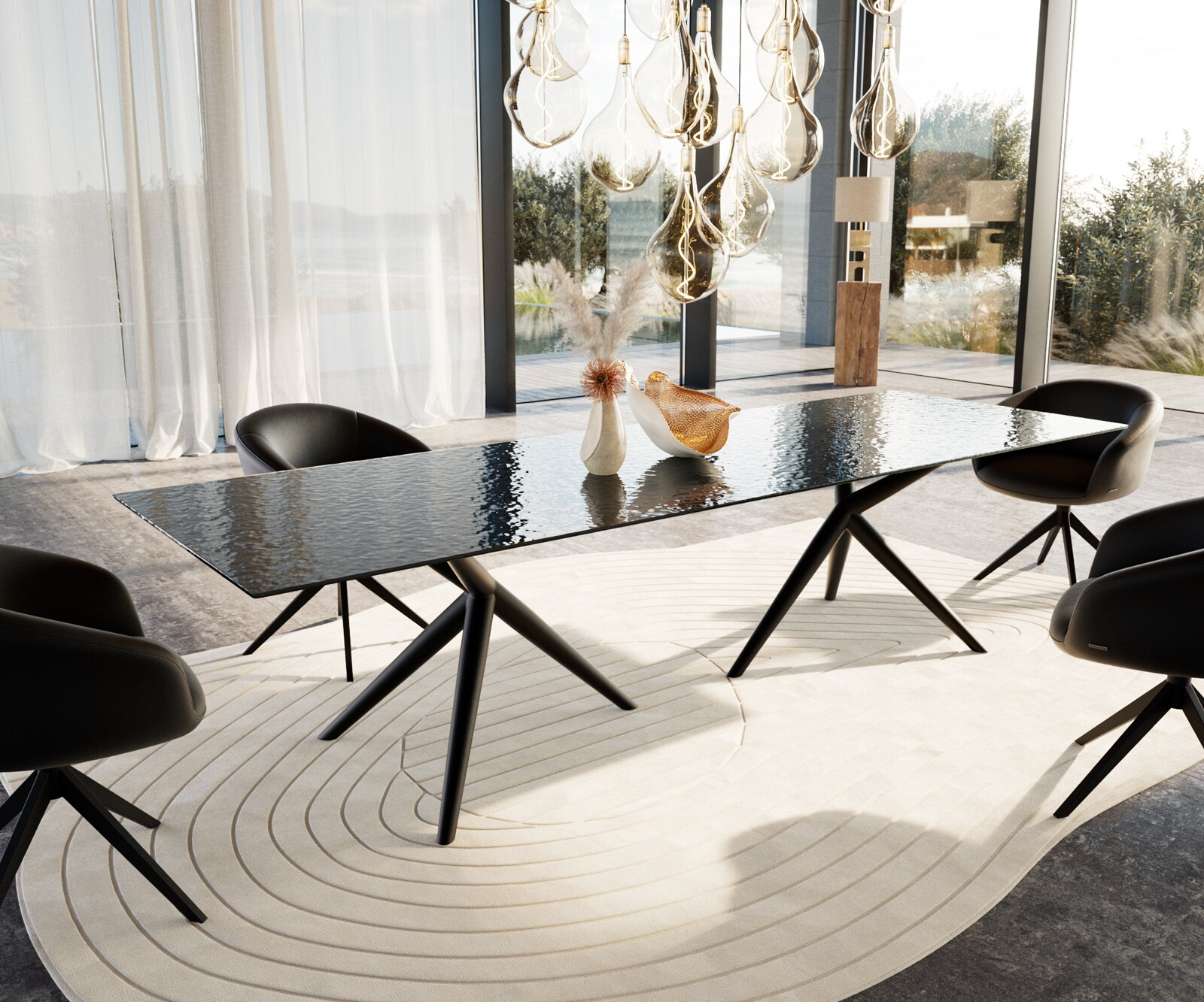 Esstisch Edge 300x100 Reliefglas Rauchschwarz 3D-Design Estelar rund Metall Schwarz 1