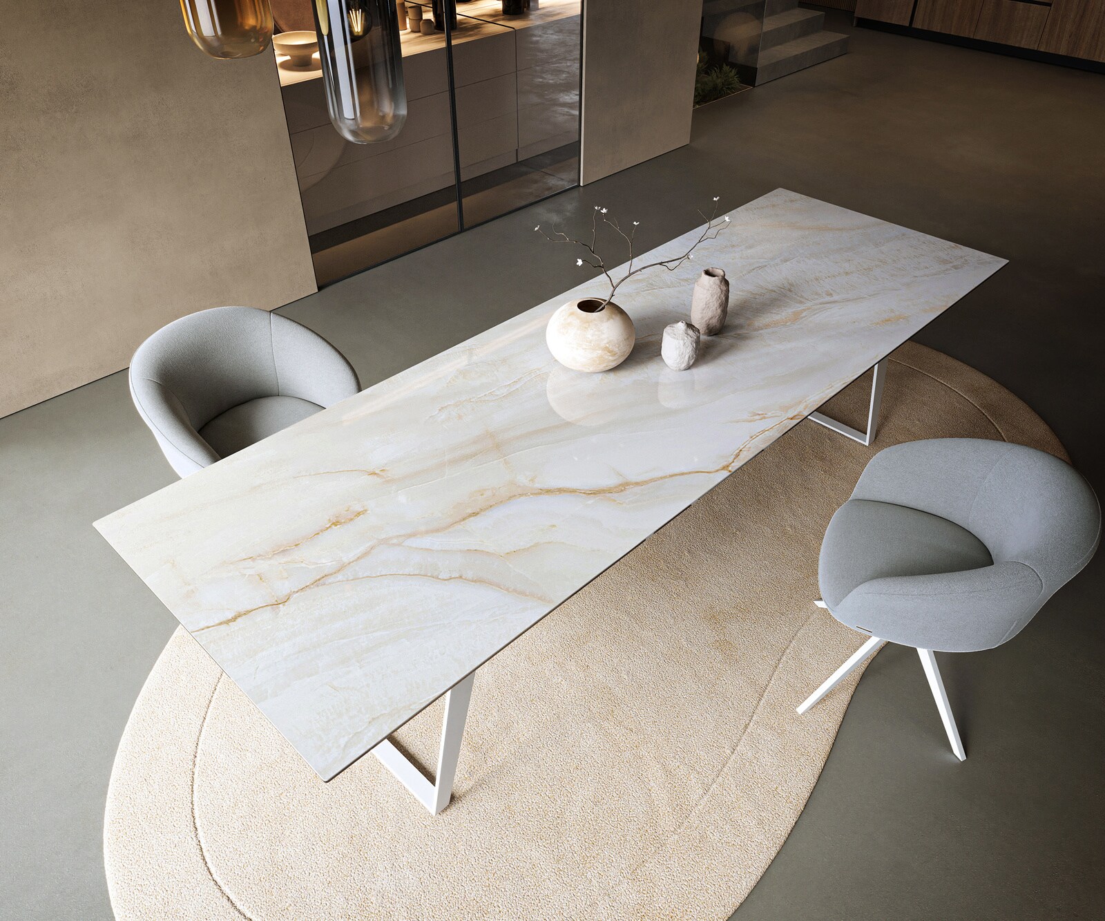 Table à manger Edge 300x100 cm céramique Onyx Pearl piètement incliné métal blanc 3