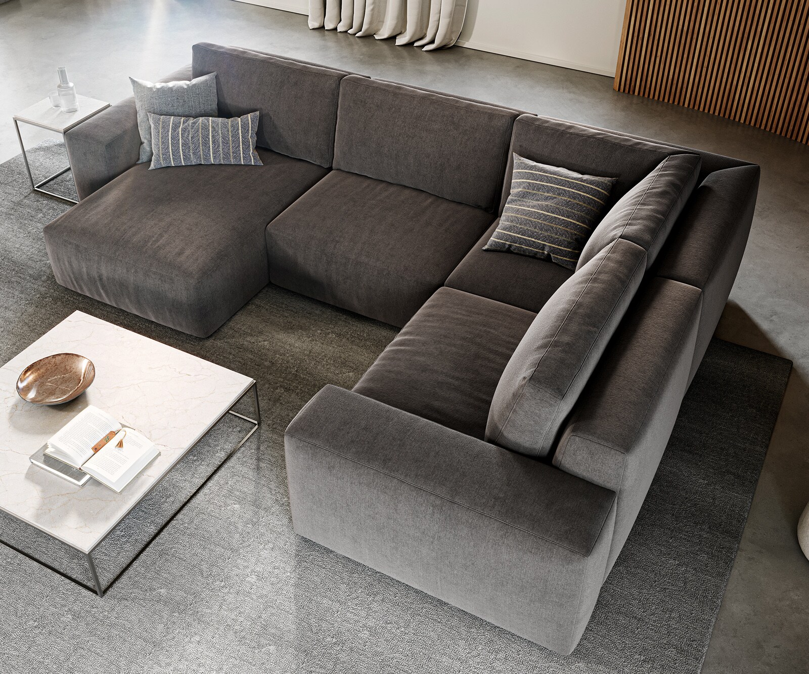 Wohnlandschaft Lanzo 300x210 cm Mikrofaser Khakibraun Recamiere variabel mit Hocker 3