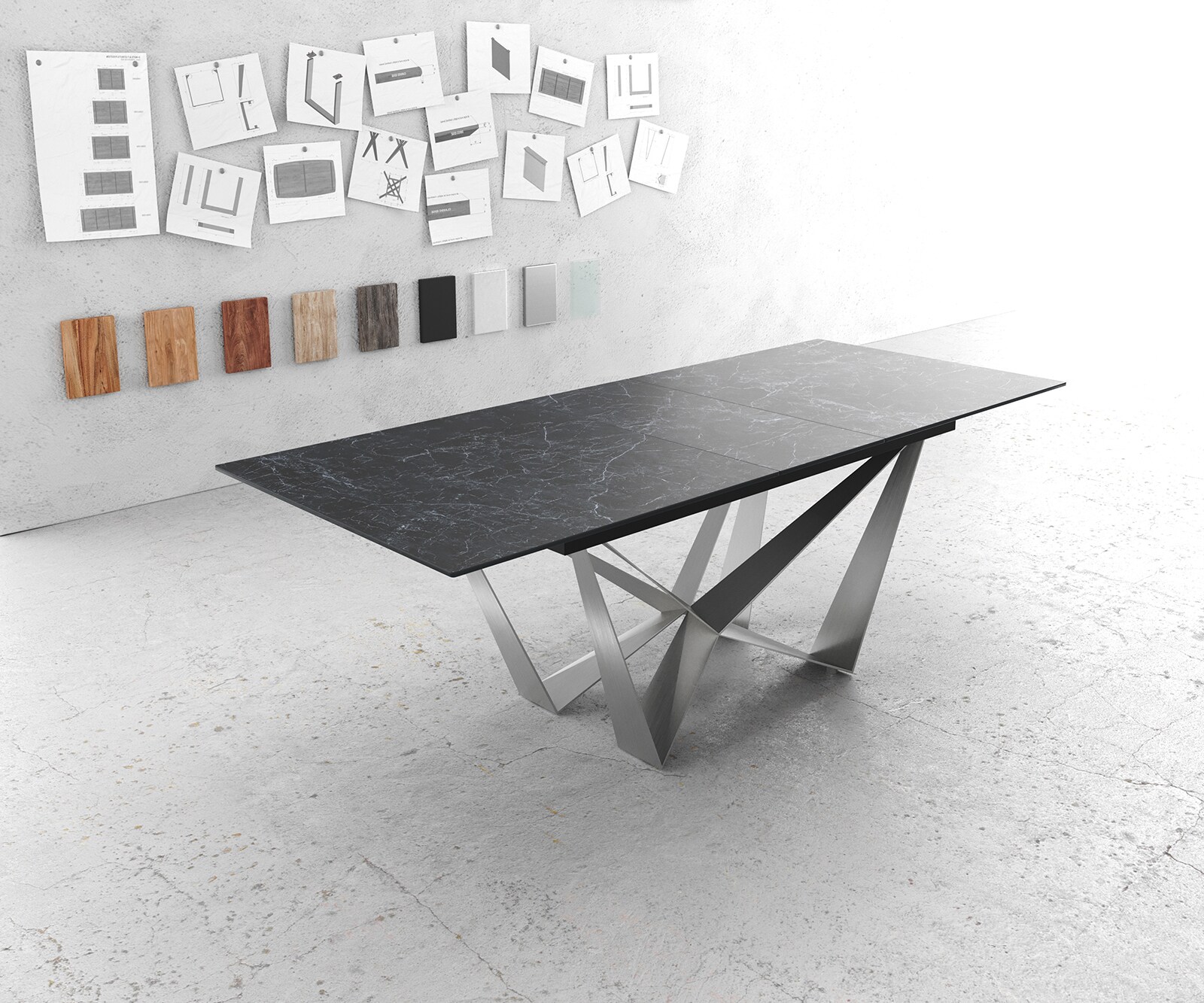 Table-à-manger Edge 180-220x100cm Laminam® céramique gris pieds milieu acier plat argent