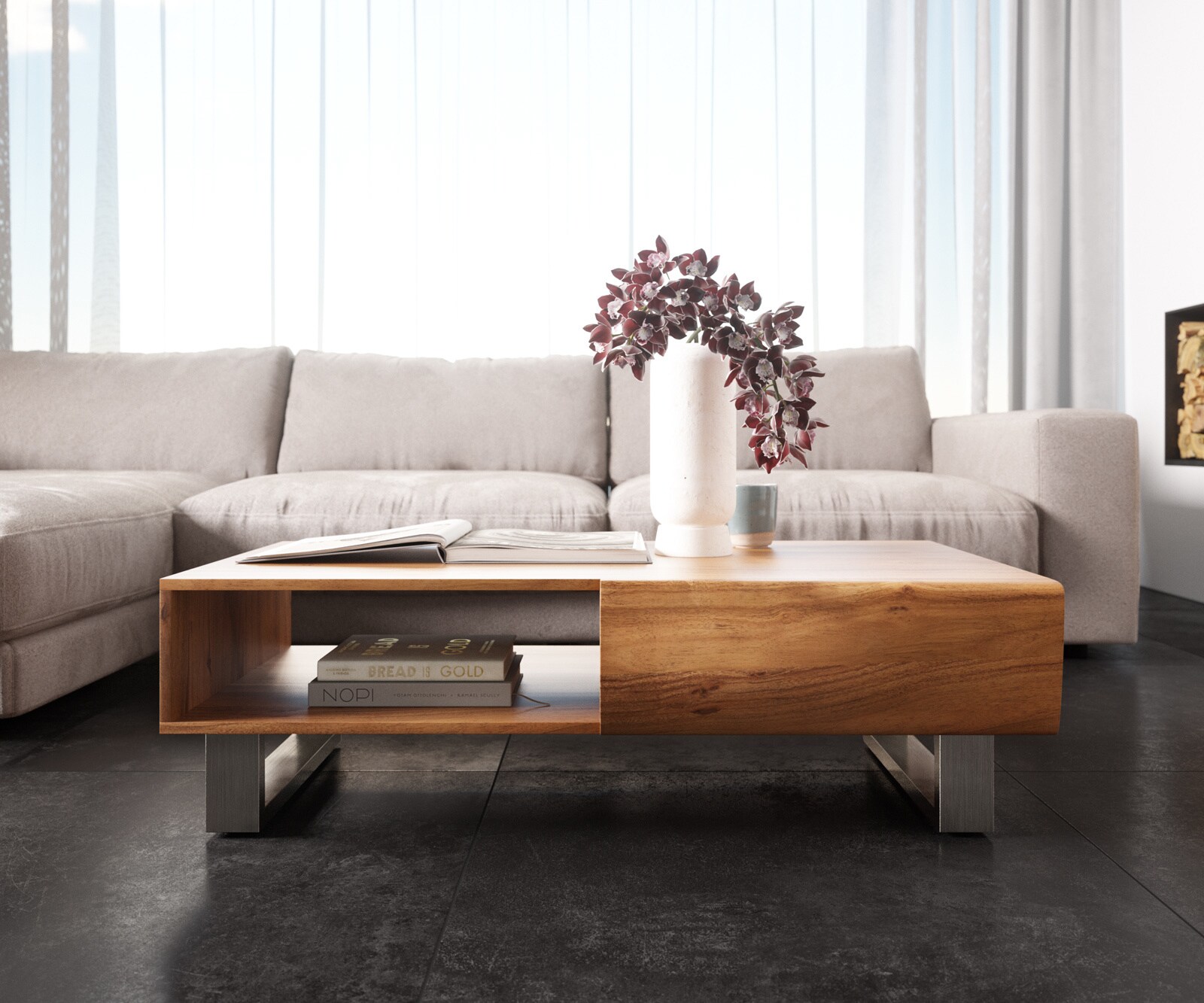Table-basse New Live-Edge 115x60 cm acacia naturel 2 tiroirs 1 compartiment patin inoxydable brossé 1