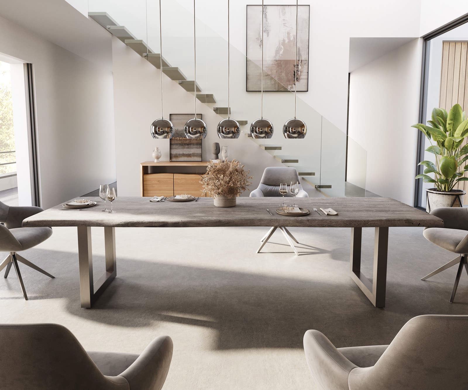Esstisch Edge 300x100 XL Akazie Platin Edelstahl Breit Live-Edge 1 Esstisch Edge 300x100 XL Akazie Platin Edelstahl Breit Live-Edge 1