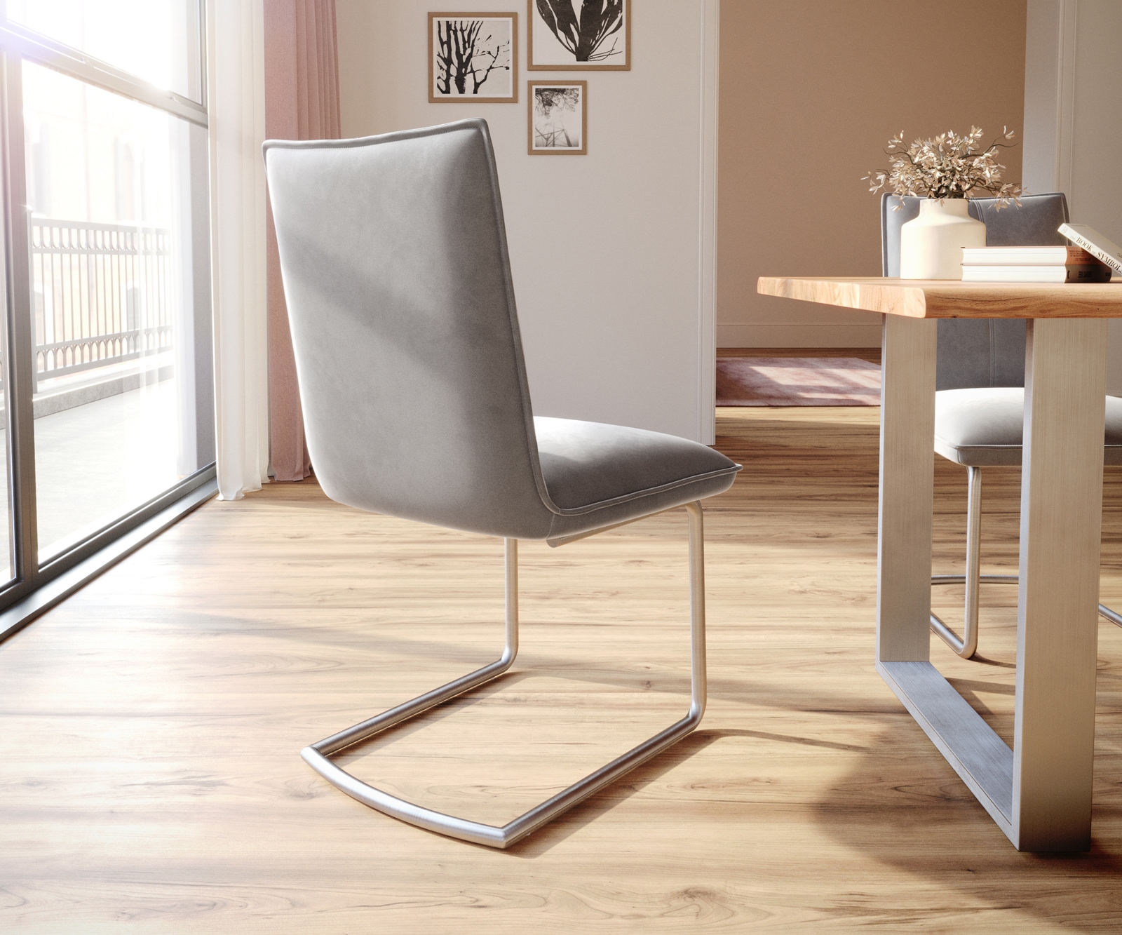 Cantilever Lelio-Flex velours gris pied cantilever rond acier inoxydable brossé ressorts ensachés 5