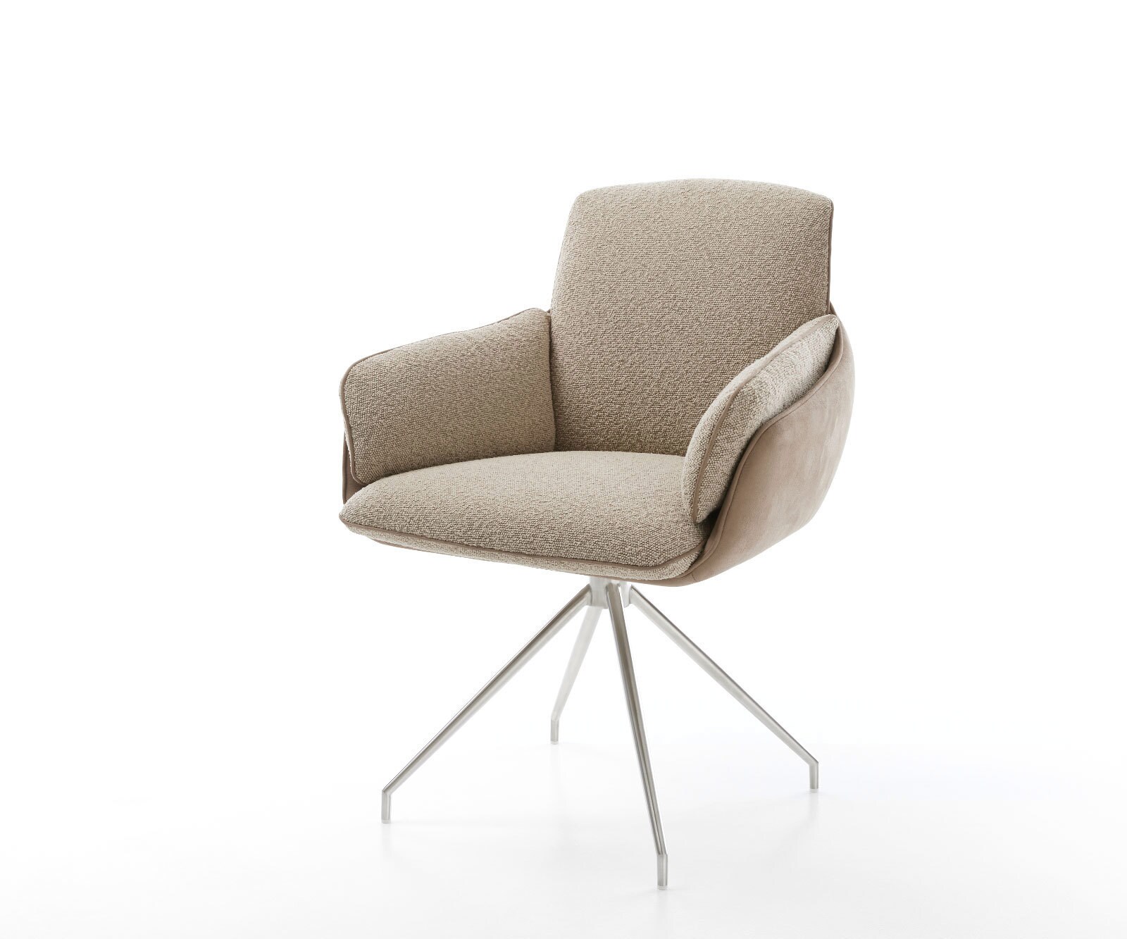 Chaise-pivotante Luan-Flex avec accoudoirs tissu mixte couleur boue pied croisé conique acier inoxydable pivotement sur 180°