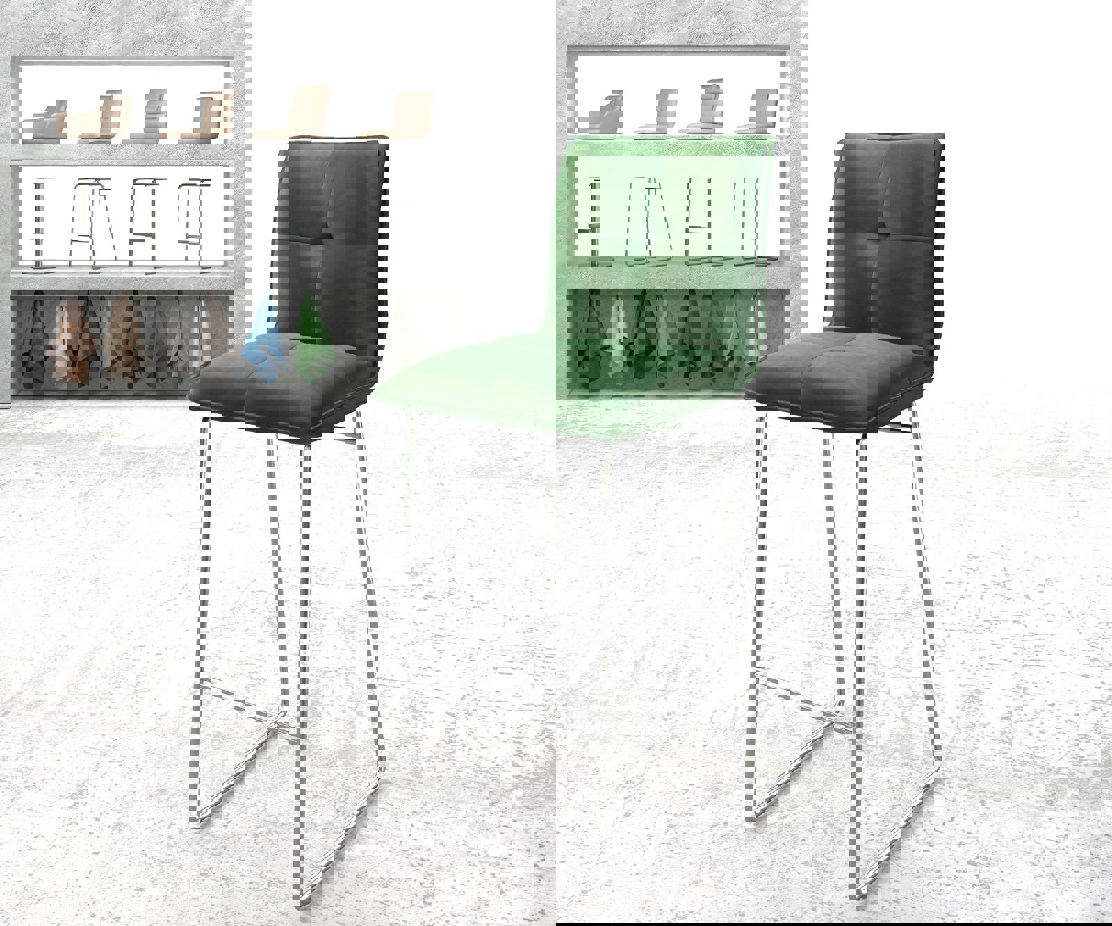Chaise-de-bar Maddy-Flex velours vert cadre de patins acier inoxydable 1