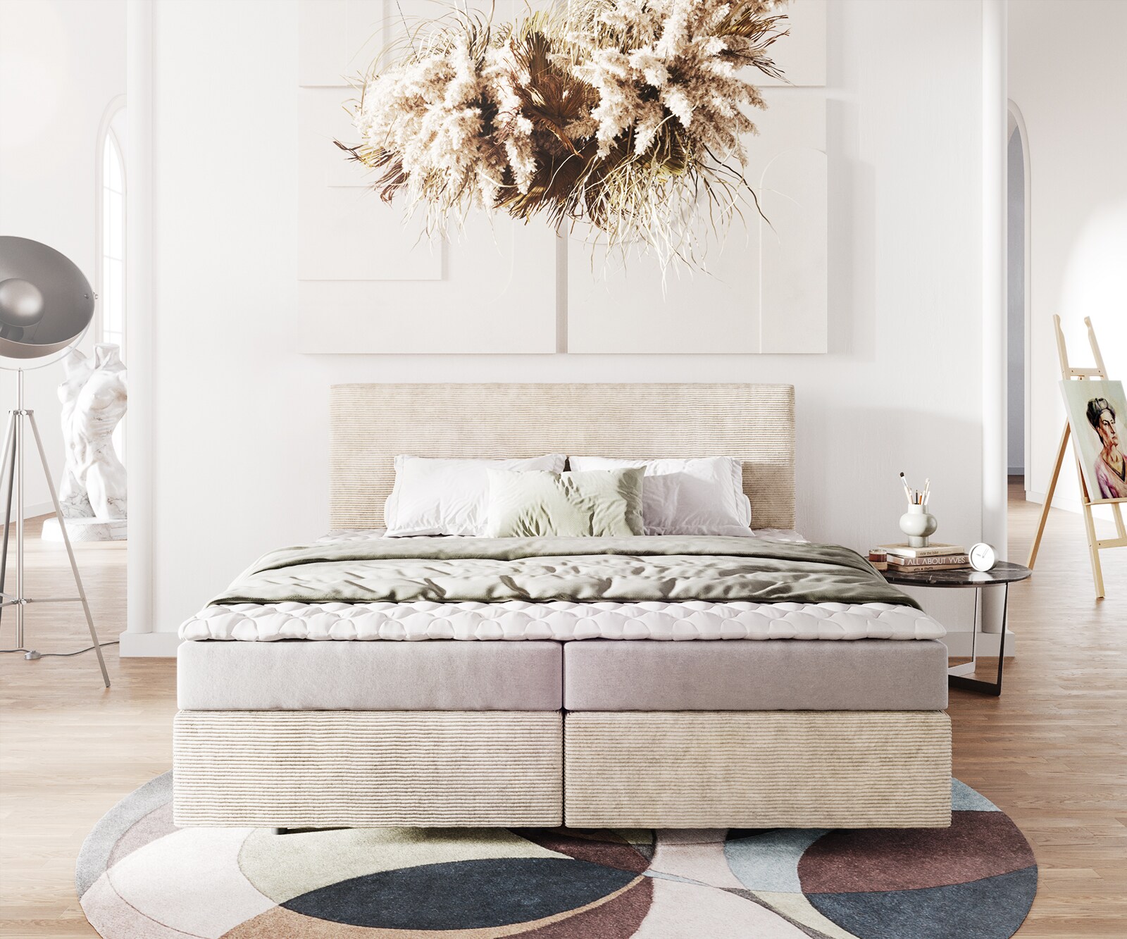 Lit-à-sommier-tapissier Dream-Well 180x200 cm Velours côtelé Beige avec matelas et surmatelas 1