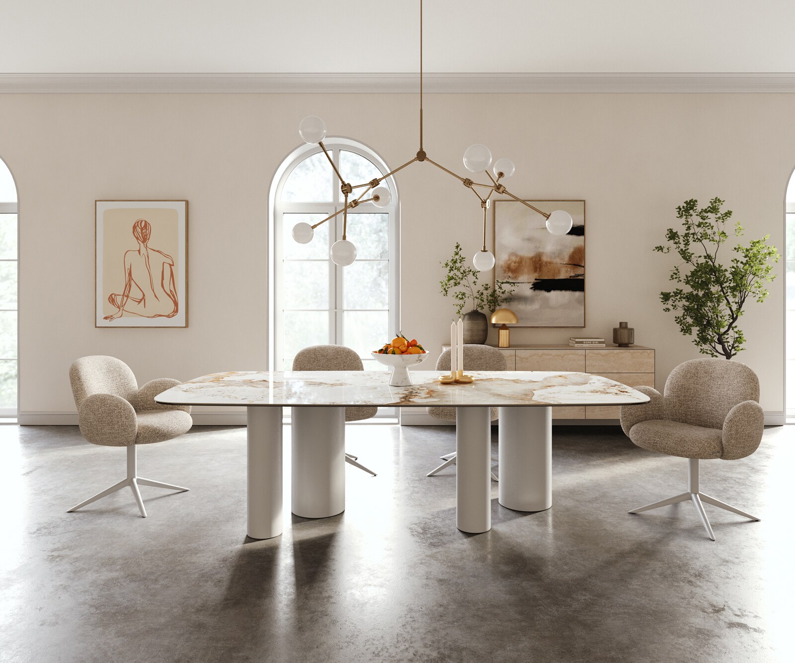 Table à manger Edge Boot 240x120 cm Céramique Minas Melange Blanc-Beige Pilier Métal Blanc 1