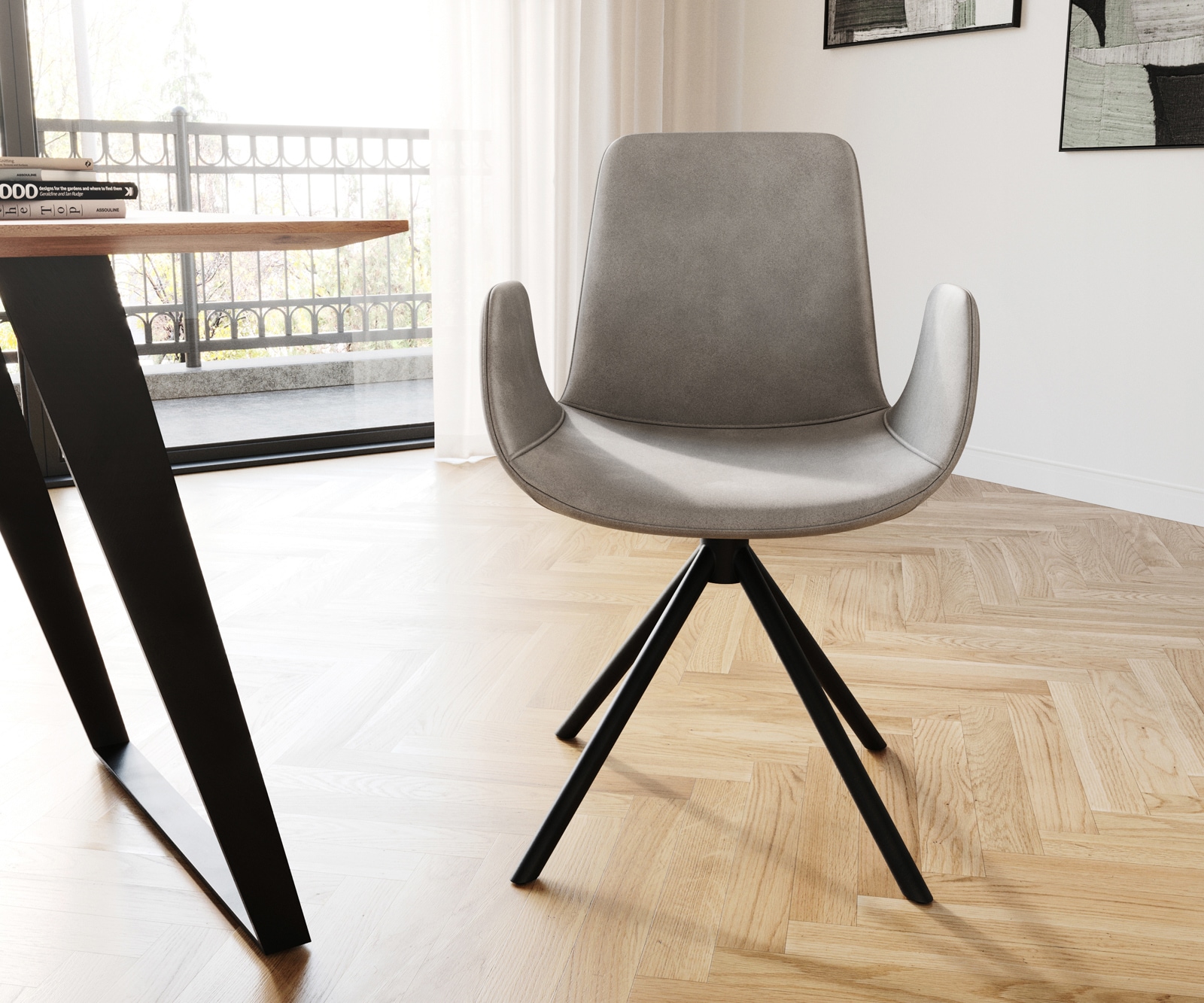 Esszimmerstuhl Ilia-Flex mit Armlehnen Samt Grau Kreuzgestell konisch Schwarz 1 Esszimmerstuhl Ilia-Flex mit Armlehnen Samt Grau Kreuzgestell konisch Schwarz 1