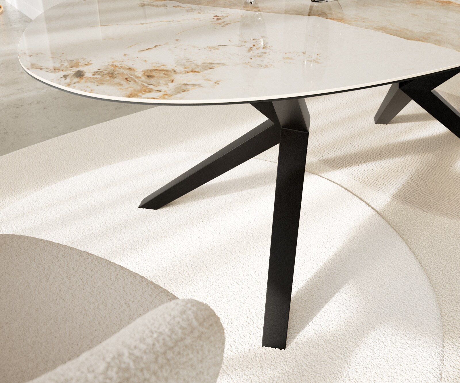 Esstisch Edge Oval 220x120 Keramik Minas Melange Weiß-Beige Zenthara kantig Metall Schwarz 4