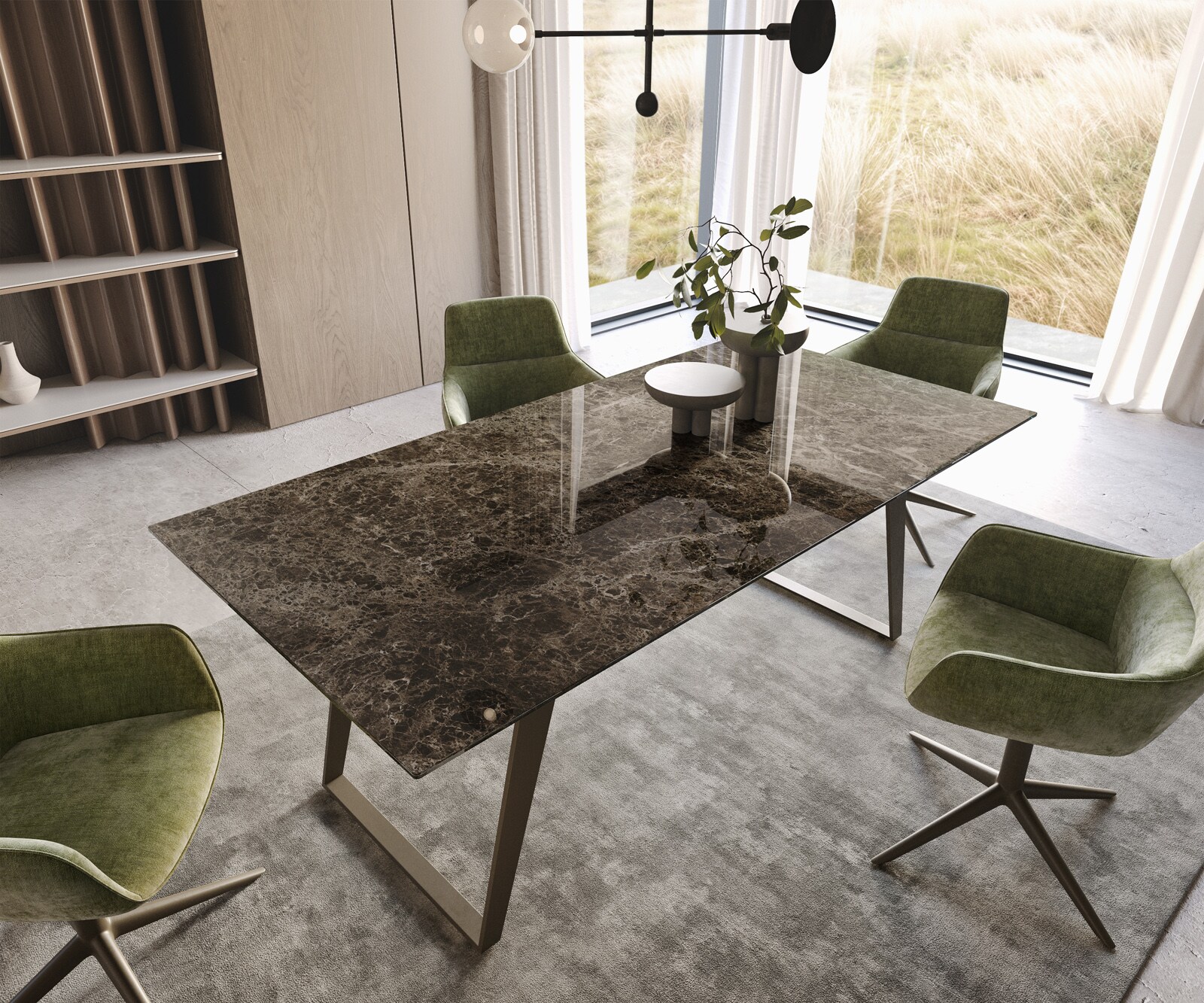 Esstisch Edge 200x100 Keramik Emperador Extra Lucidato Dunkelbraun Metall Effektfinish Titan Schräg 1