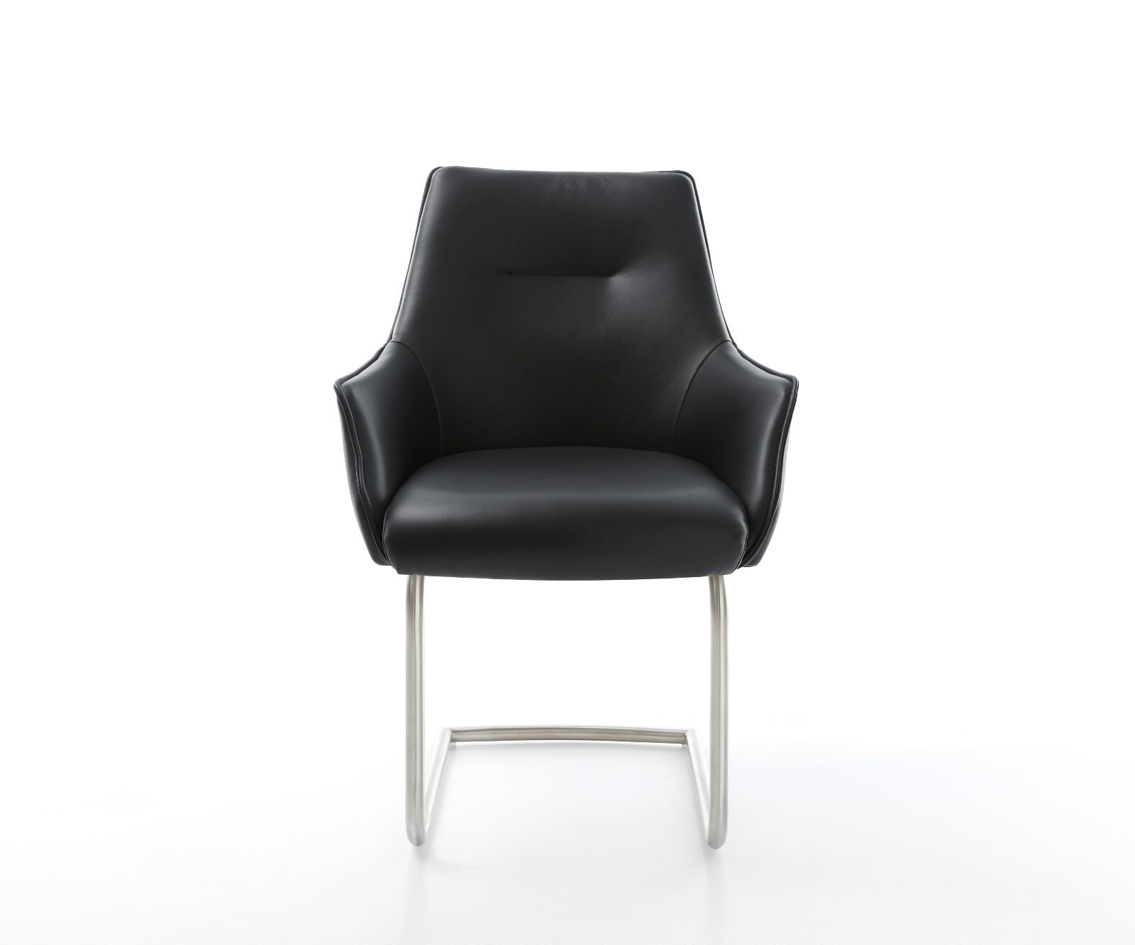 Cantilever Alja-Flex avec accoudoirs cuir de vache noir pied cantilever rond acier inoxydable brossé ressorts ensachés 1