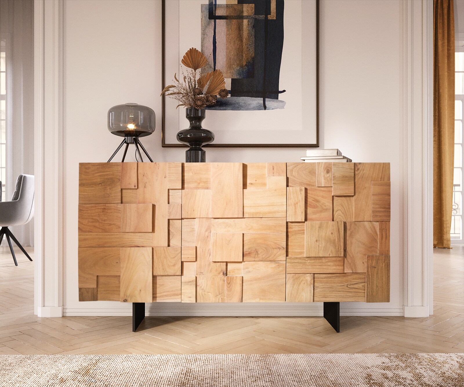 Sideboard Puzzle 145 cm Akazie Natur Fuß schwebend Metall schwarz 1 Sideboard Puzzle 145 cm Akazie Natur Fuß schwebend Metall schwarz 1