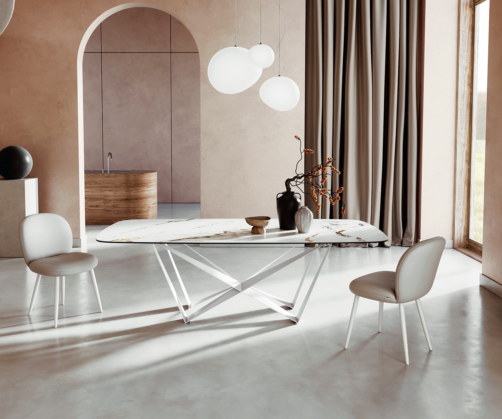 Esstisch Edge Boot 240x120 cm Keramik Calacatta Luxe Weiß-Gold-Grau Spider Metall Weiß