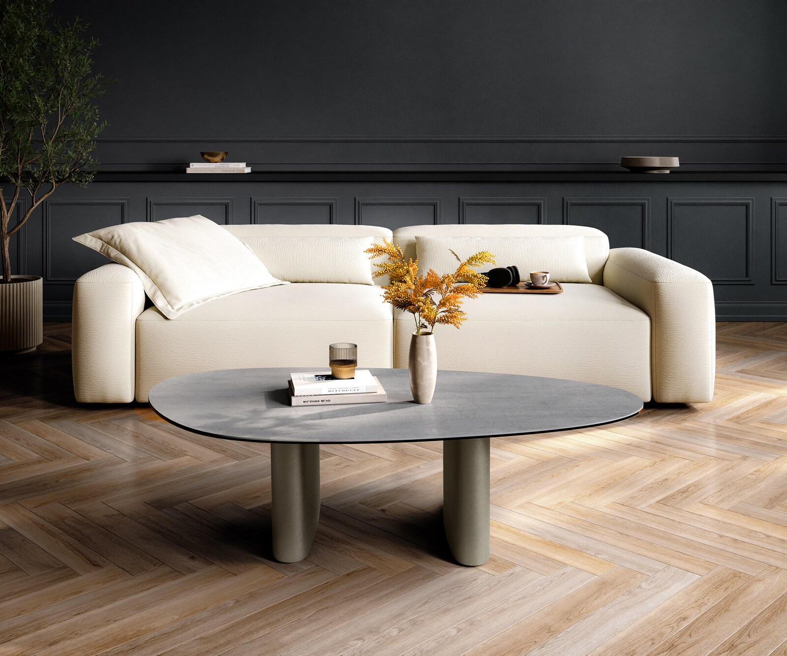 Couchtisch Edge Oval 140x75 cm Keramik Beton Grau Ovada Effektfinish Titan 1