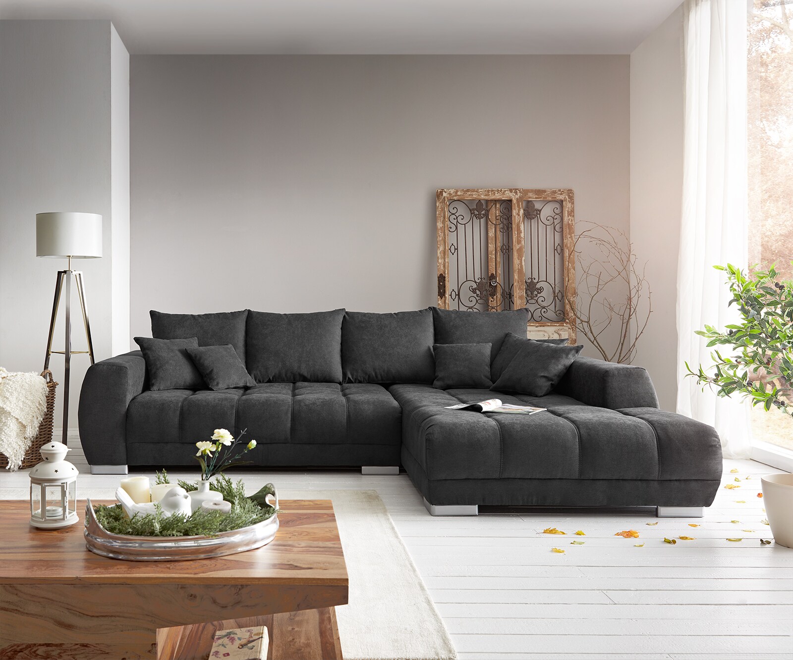 Canapé-panoramique Josea 300x220 cm microfibre noir Recamière à droite 1