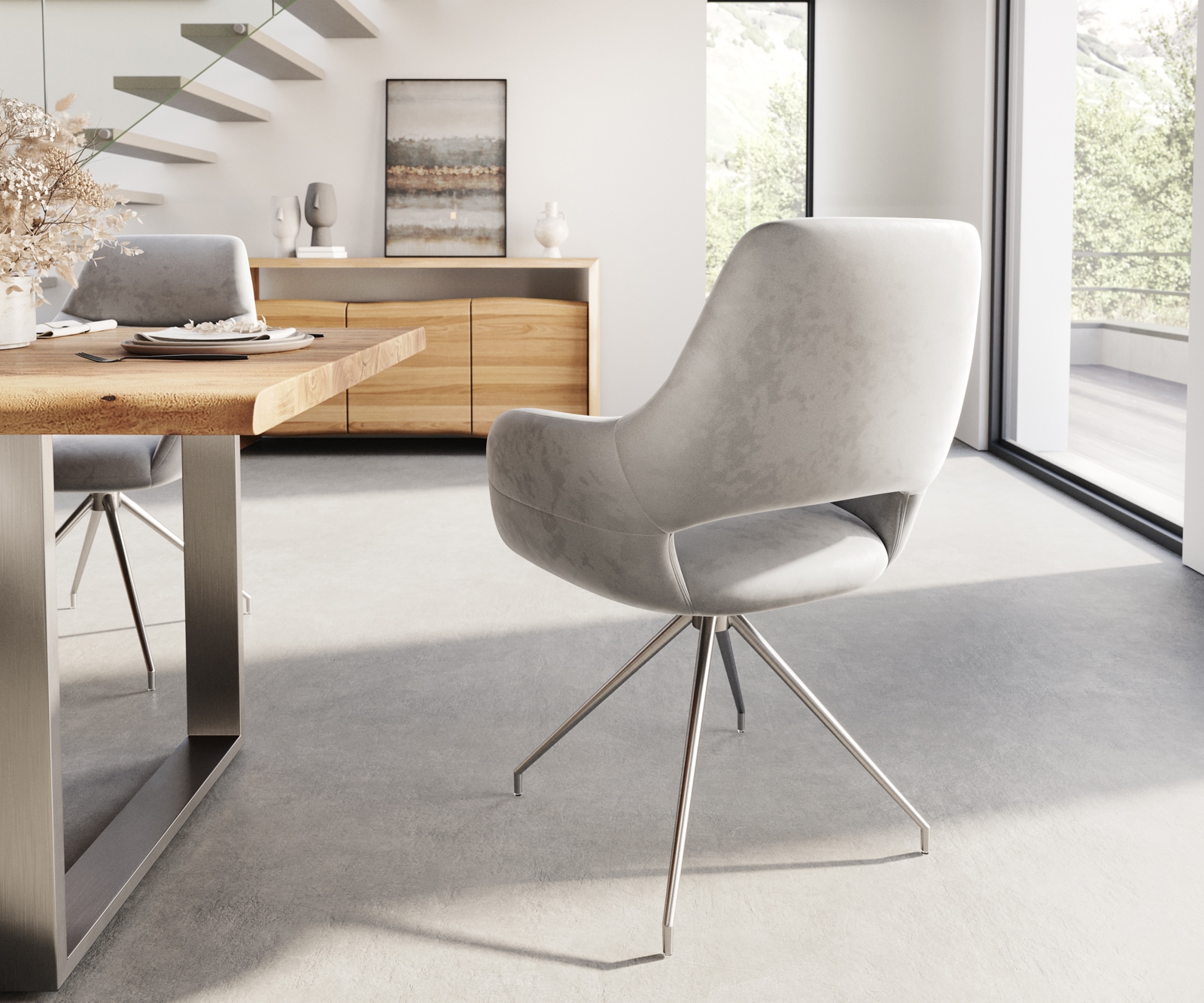 Esszimmerstuhl Yago-Flex mit Armlehnen Samt Grau Kreuzgestell konisch Edelstahl Taschenfederkern 4 Esszimmerstuhl Yago-Flex mit Armlehnen Samt Grau Kreuzgestell konisch Edelstahl Taschenfederkern 4
