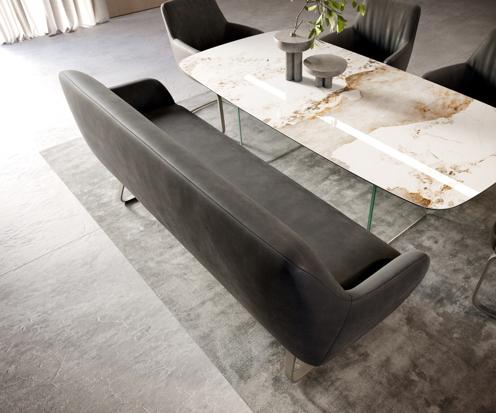 Banc-de-salle-à-manger Taya-Flex 200 cm microfibre antracite vintage châssis à patins plat titane ressort ensaché 3