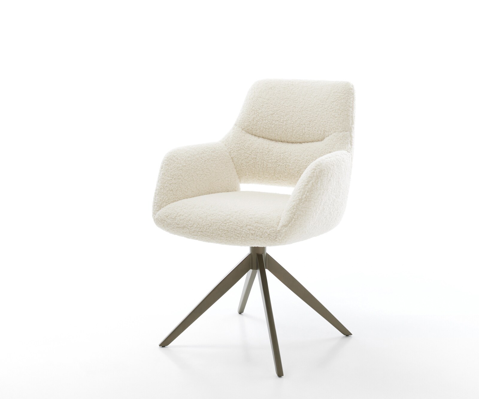 Chaise-pivotante Yago-Flex avec accoudoirs tissu teddy beige pied croisé large aspect titane pivotement sur 360° fonction bascule ressorts ensachés