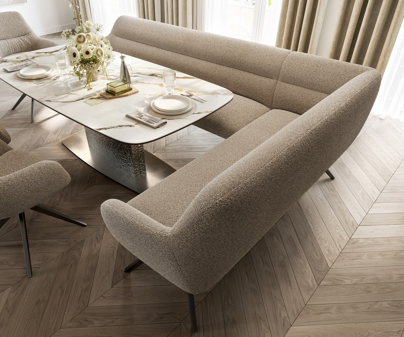 Banc-de-salle-à-manger Taya-Flex 285x190 cm bouclé boue pied croisé angulaire grafiete ressort ensaché liens 4