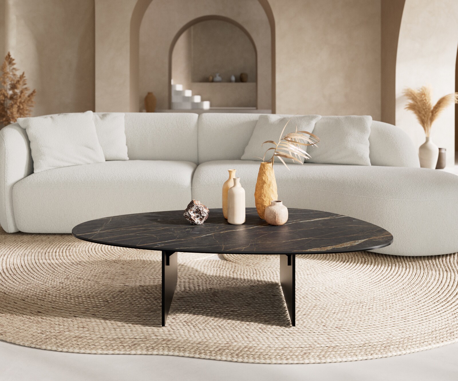 Couchtisch Edge Oval 140x75 cm Keramik Laminam® Noir Desir Braun Salto Metall Schwarz 1