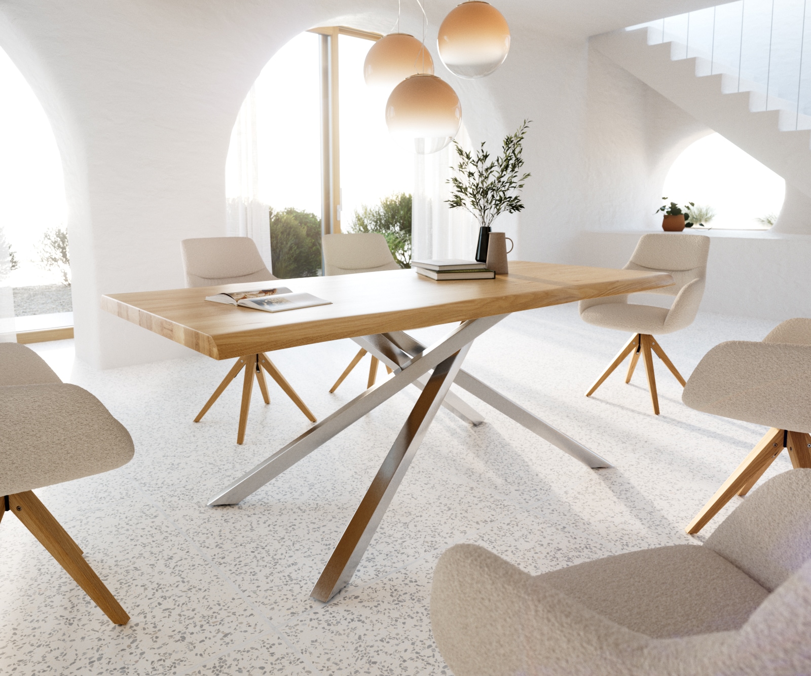 Esstisch Edge 200x100 Eiche Natur Kreuzgestell Rechteck Edelstahl Live-Edge Esstisch Edge 200x100 Eiche Natur Kreuzgestell Rechteck Edelstahl Live-Edge