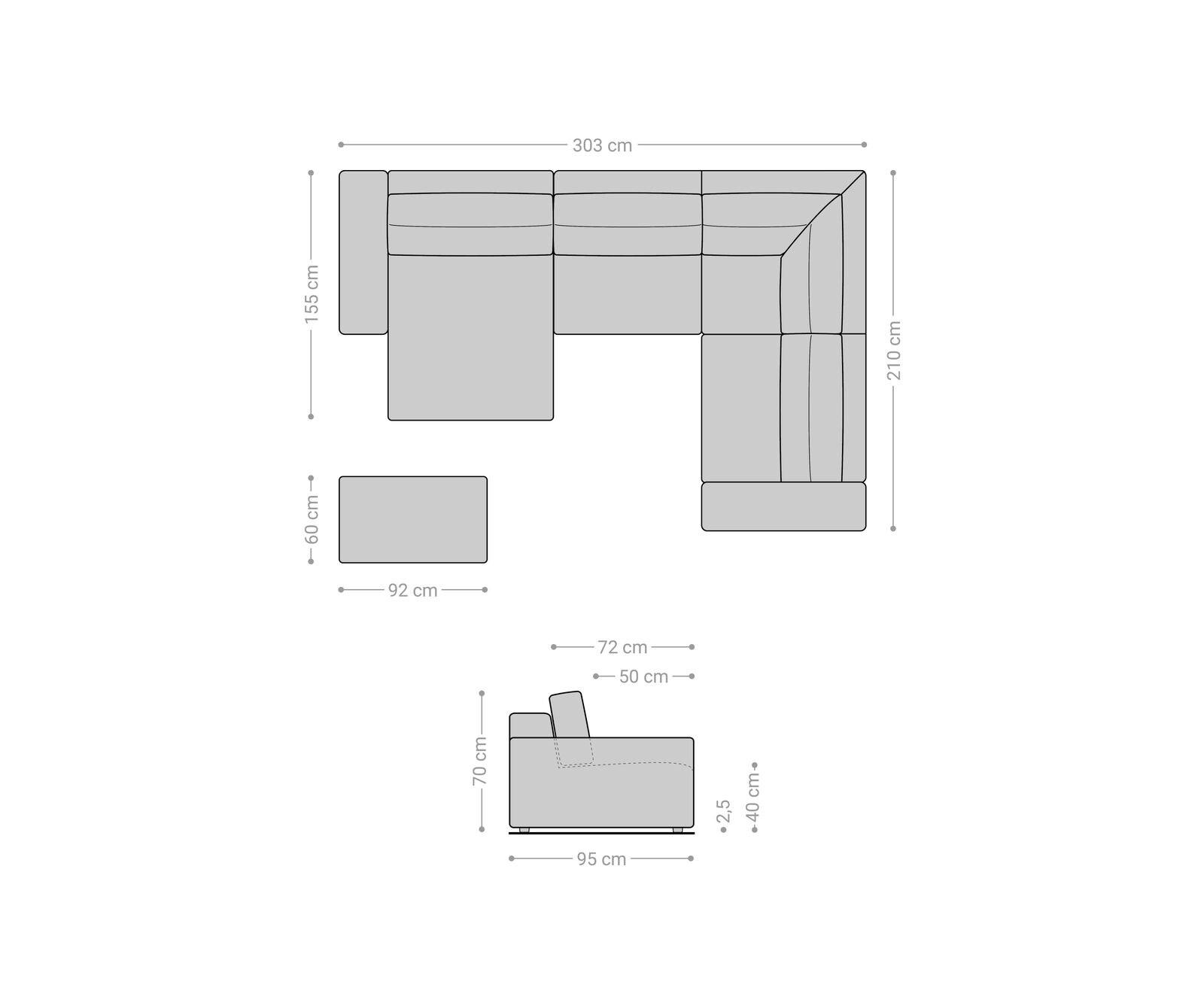 Wohnlandschaft Lanzo 300x210 cm Cord Beige Recamiere variabel mit Hocker 5