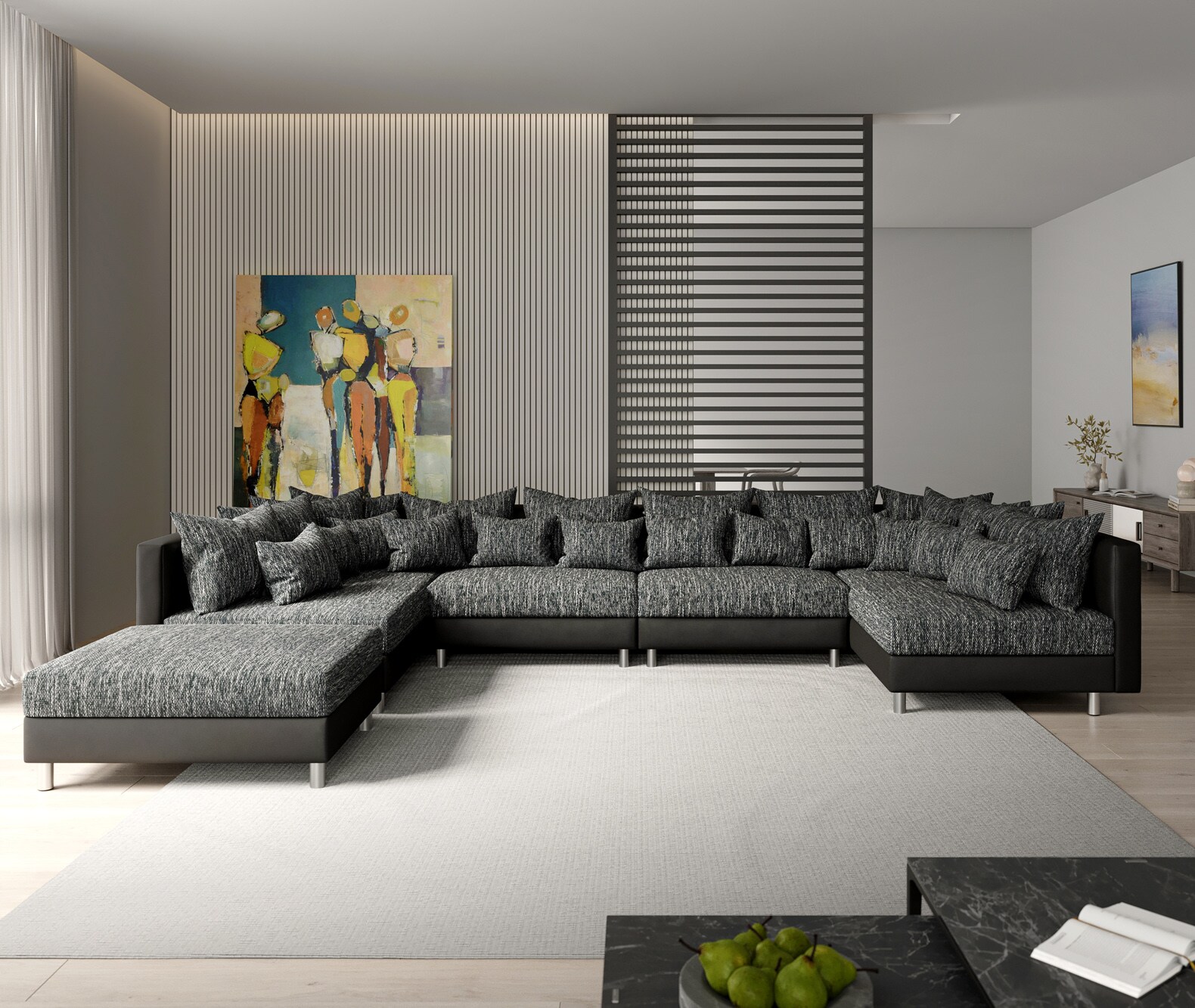Canapé-Panoramique Clovis XL Canapé modulable noir avec tabouret  2