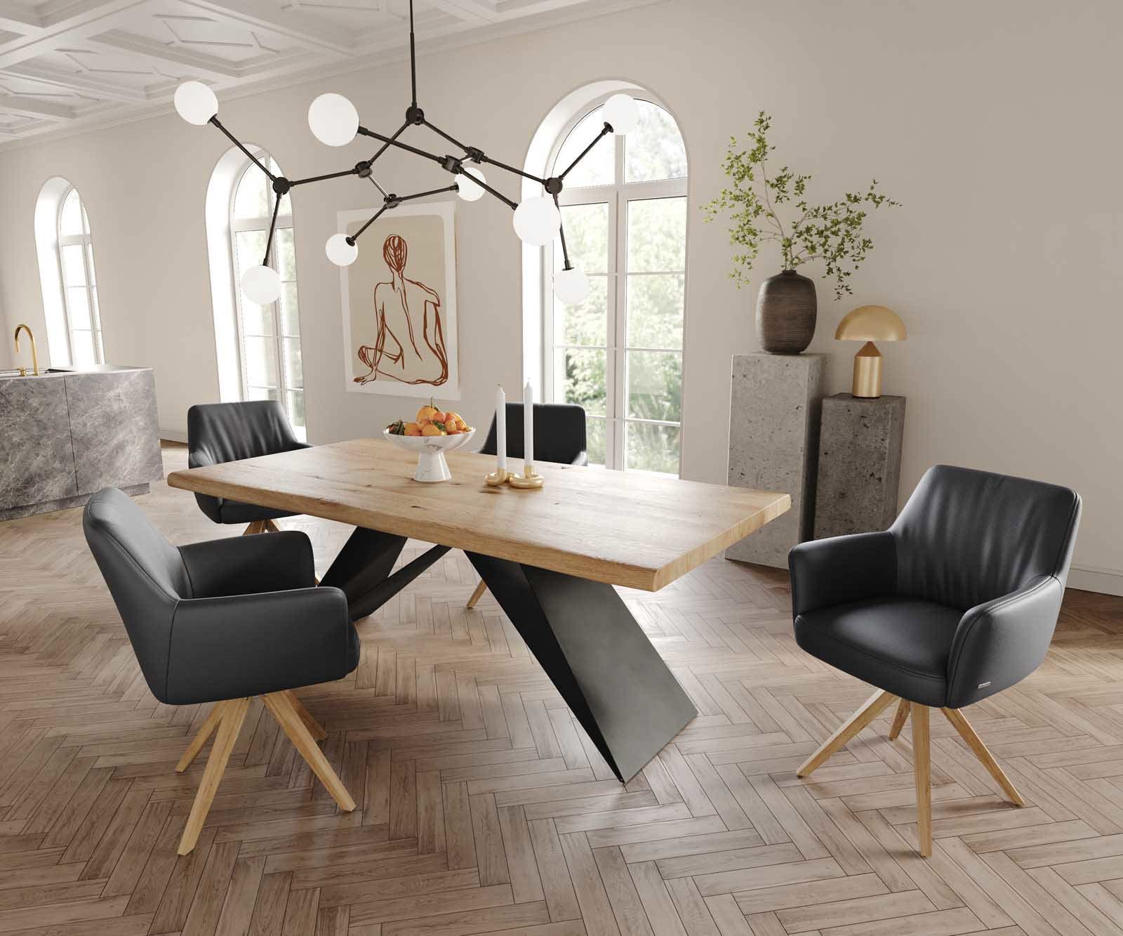 Drehstuhl Xana-Flex mit Armlehnen Echt-Leder Schwarz Holzgestell kantig Natur 180° drehbar Taschenfederkern 4 Drehstuhl Xana-Flex mit Armlehnen Echt-Leder Schwarz Holzgestell kantig Natur 180° drehbar Taschenfederkern 4