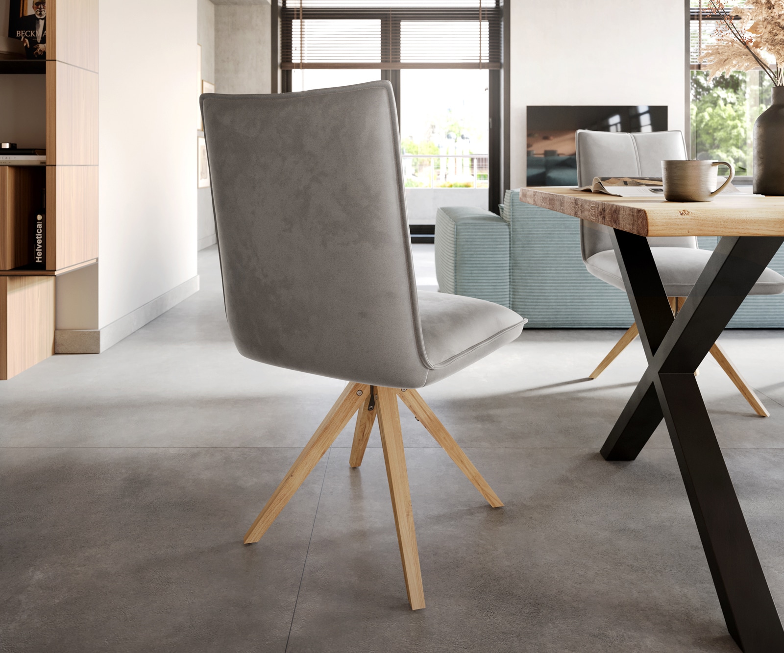 Chaise-de-salle-à-manger Lelio-Flex velours gris pied en bois angulaire naturel ressorts ensachés 5