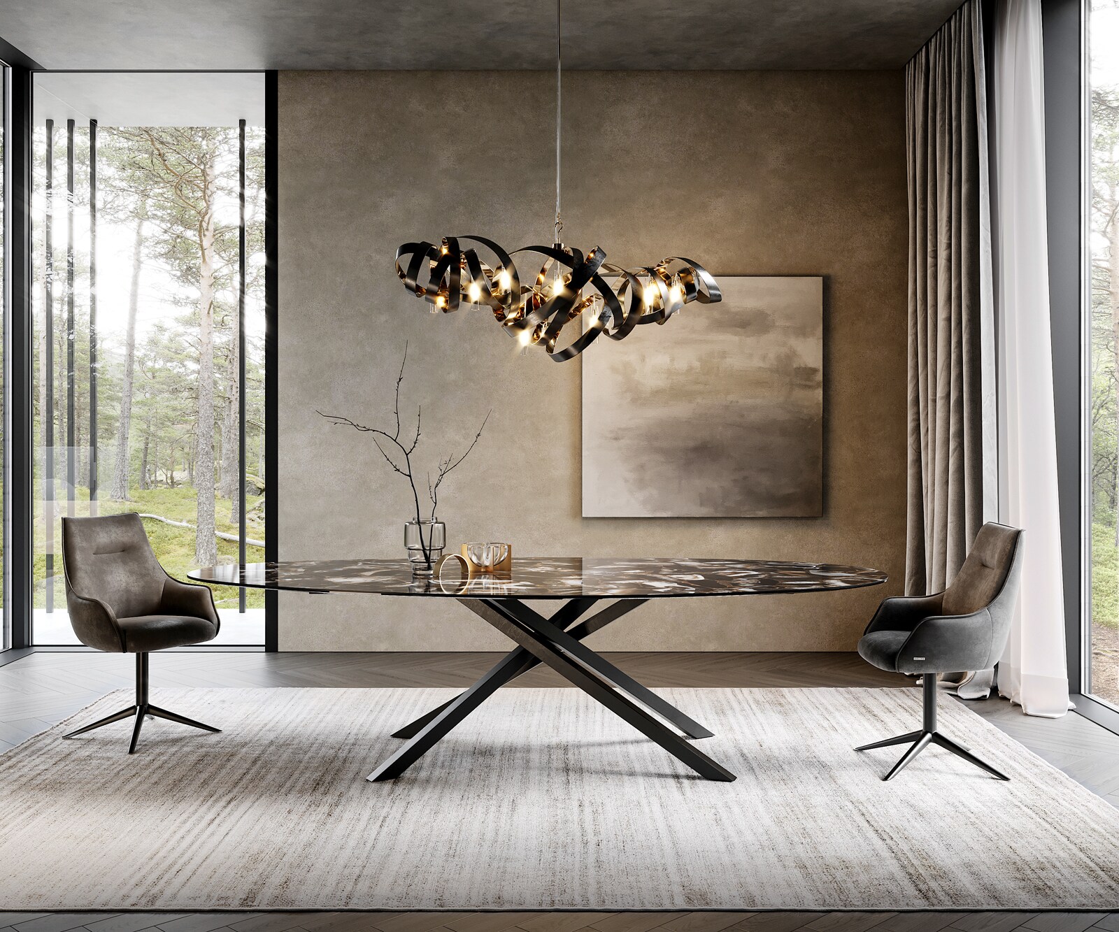 Table à manger Edge Oval 280x130 cm Céramique Iris FMG Agatablack piètement en croix Rectangle Noir
