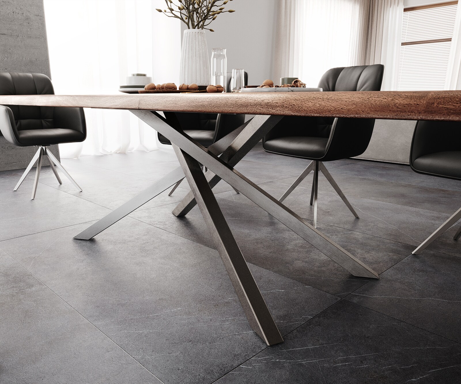Table à manger Edge 300x100 XL acacia marron cadre croisé rectangle acier inoxydable Live-Edge 7