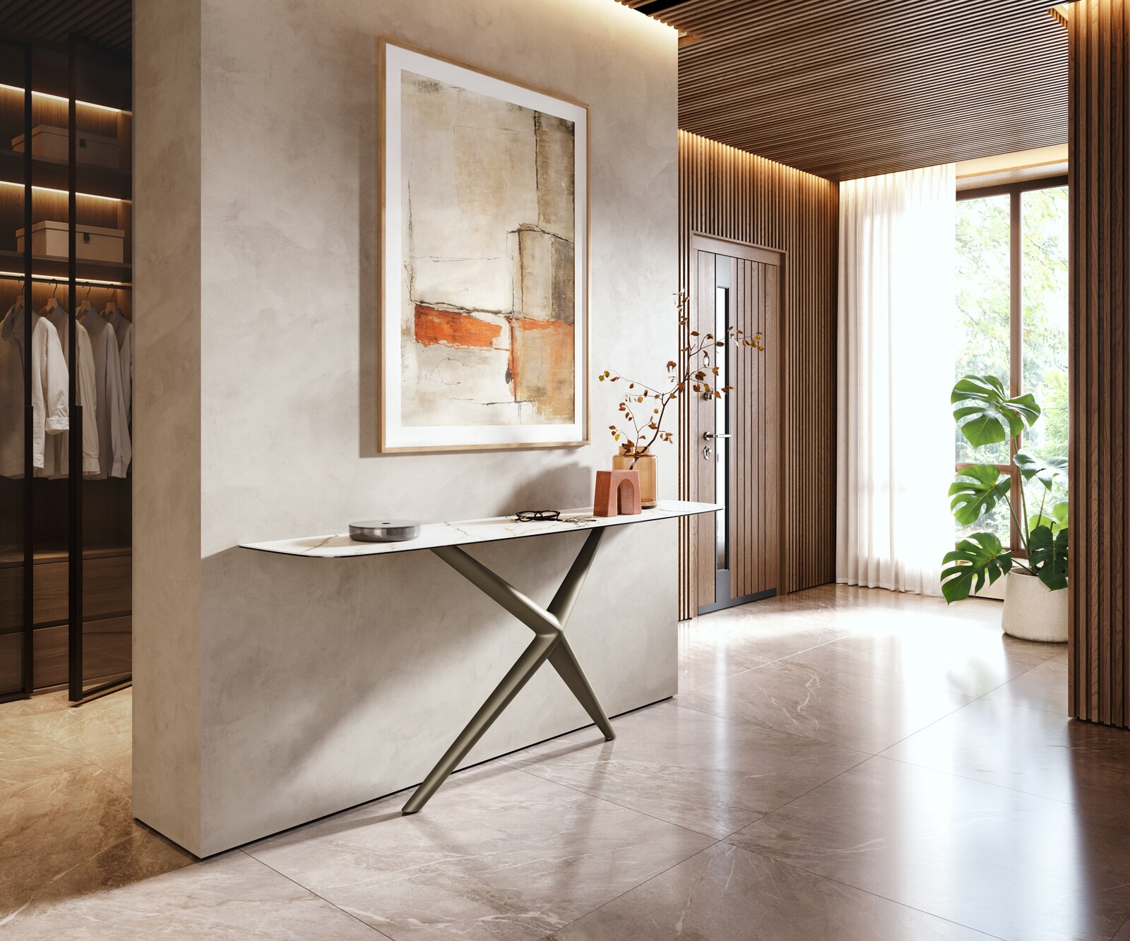 Console Edge forme bateau 180x40 cm Céramique Calacatta Luxe Weiß-Gold-Gris Estelo Métal Effektfinish Titan 5