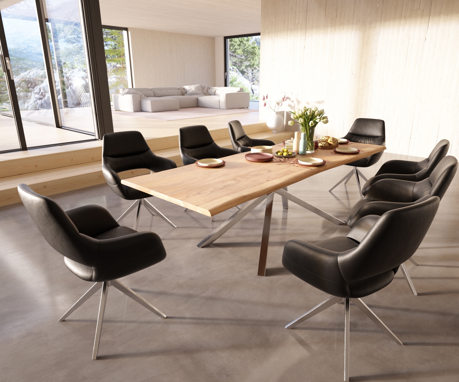 Esszimmerstuhl Yago-Flex mit Armlehnen Echt-Leder Schwarz Kreuzgestell breit Edelstahl Taschenfederkern 3 Esszimmerstuhl Yago-Flex mit Armlehnen Echt-Leder Schwarz Kreuzgestell breit Edelstahl Taschenfederkern 3