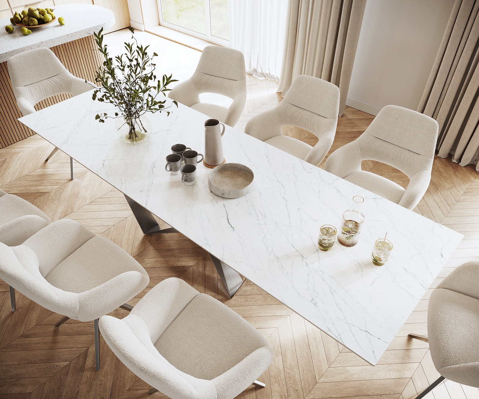 Table-à-manger Edge 300x100cm Laminam® céramique blanc pieds milieu acier plat argent 3 Table-à-manger Edge 300x100cm Laminam® céramique blanc pieds milieu acier plat argent 3