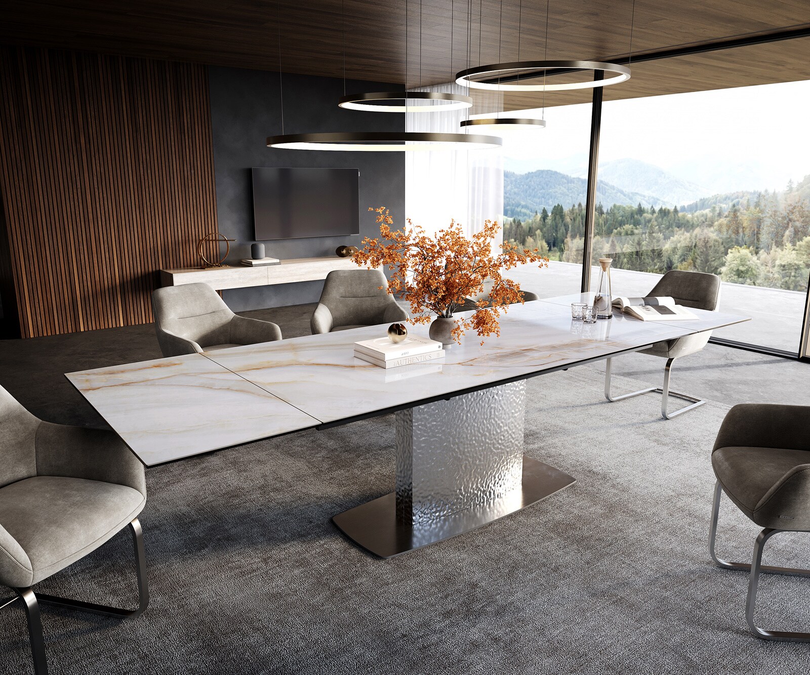 Esstisch Edge 200-300x100 cm Keramik Onyx Pearl Wave Edelstahl ausziehbar