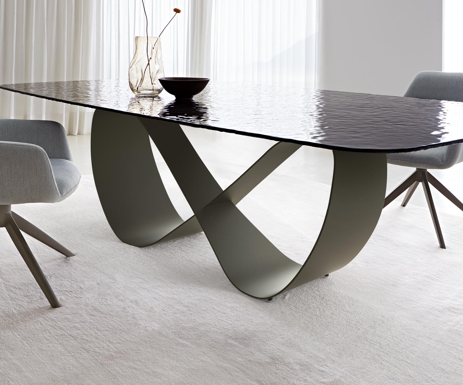 Esstisch Edge Boot 240x120 Reliefglas Rauchschwarz 3D-Design Infinity Metall Effektfinish Titan 4 Esstisch Edge Boot 240x120 Reliefglas Rauchschwarz 3D-Design Infinity Metall Effektfinish Titan 4