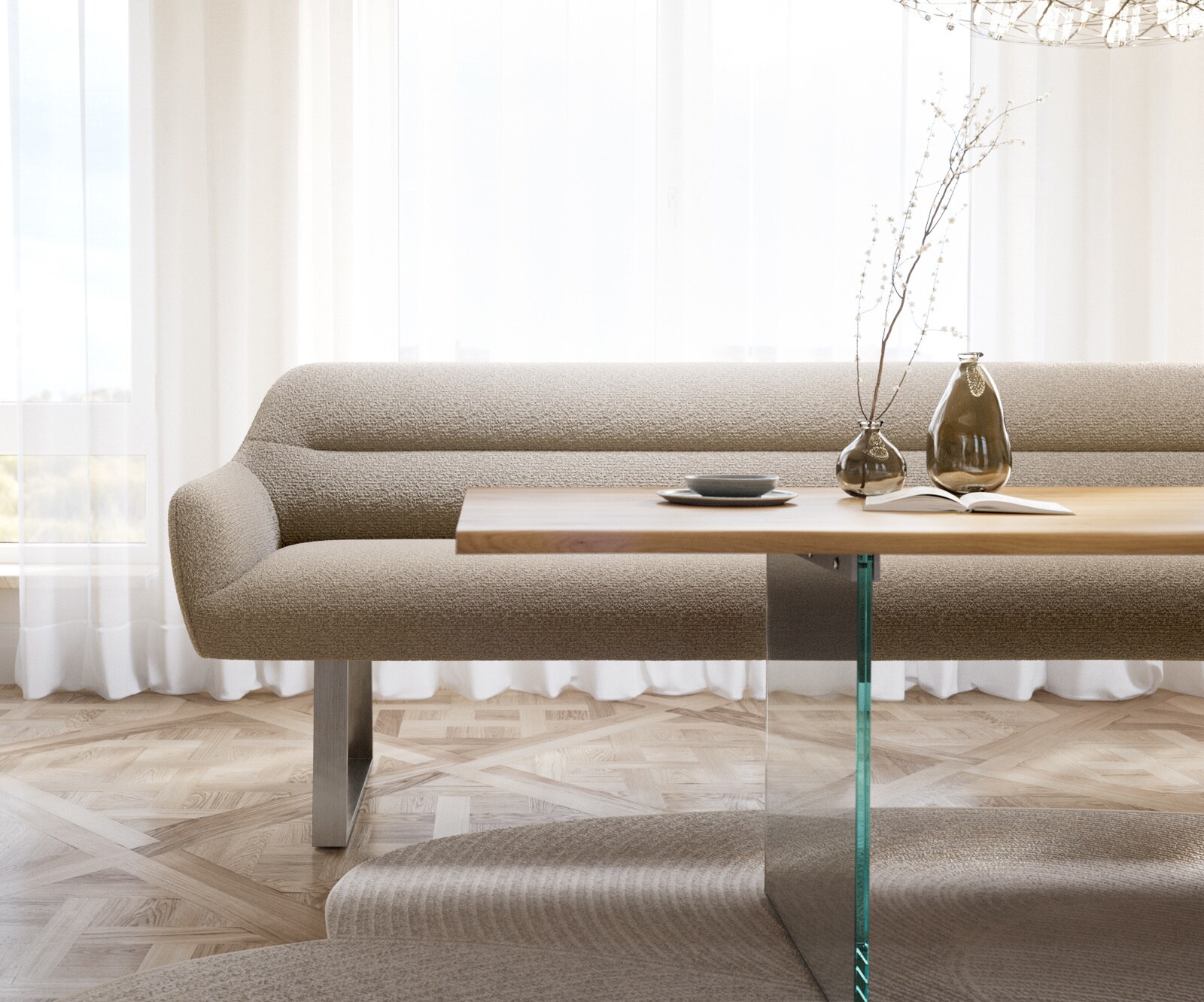 Esszimmerbank Taya-Flex 300 cm Bouclé Schlamm Kufengestell kantig Edelstahl Taschenfederkern 1