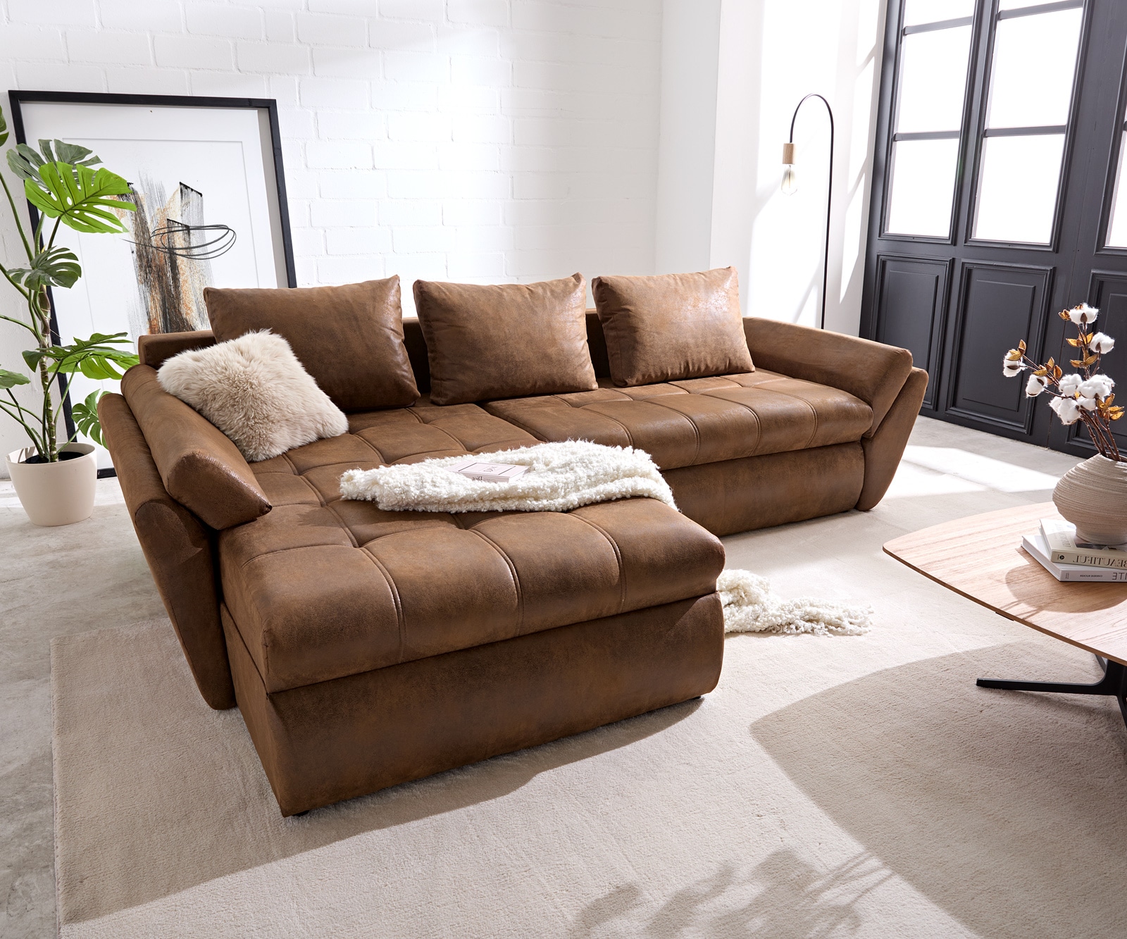 Couch Loana Braun 275x185 cm Ecksofa Schlaffunktion Ottomane variabel