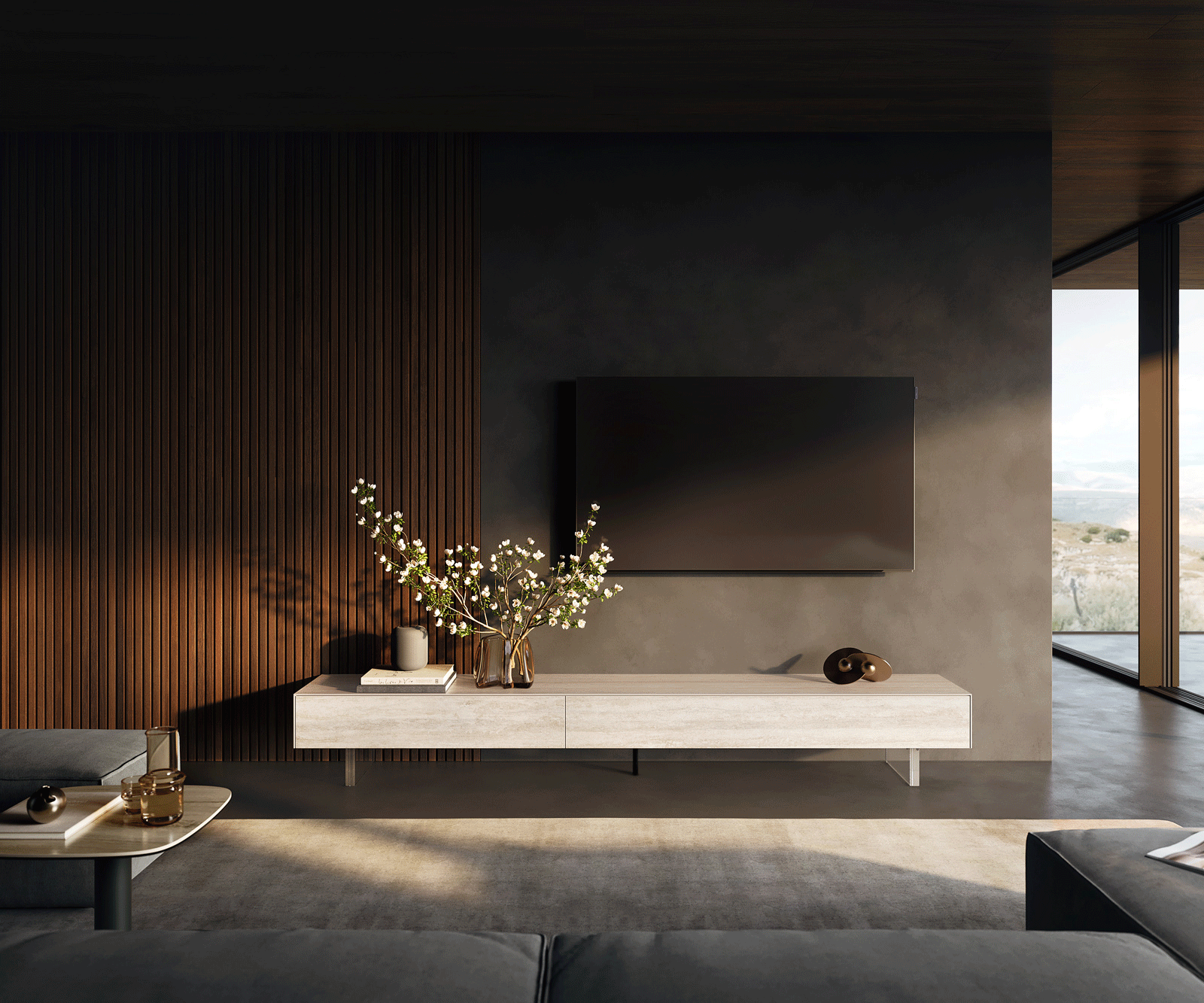 Meuble-TV Cuor 250 cm Céramique Laminam® Travertino Bianco Crème-blanc 1 Clapet 1 Tiroir Pied optique flottant Verre acrylique 1