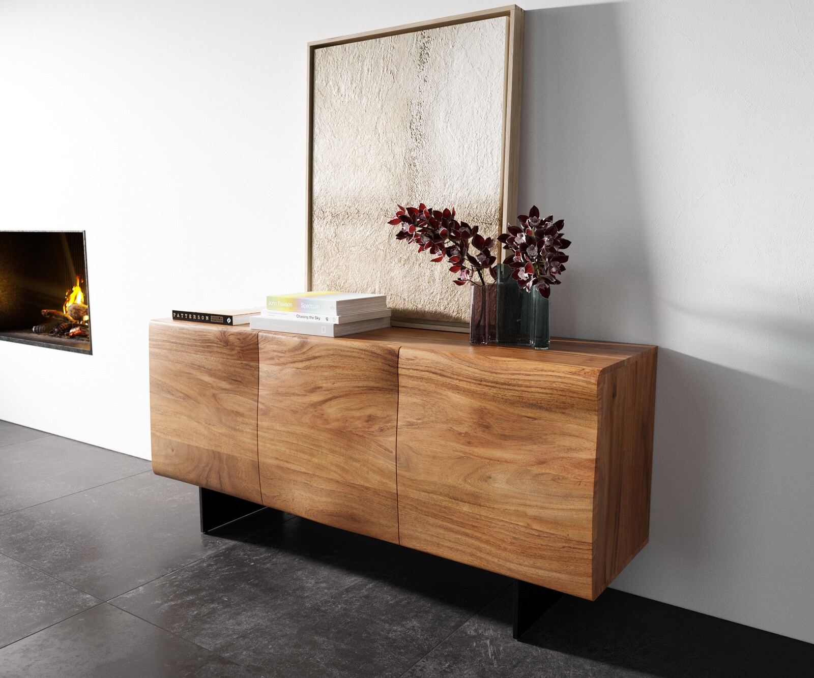 Buffet New Live-Edge 145 cm acacia naturel 3 portes pied aspect flottant métal noir