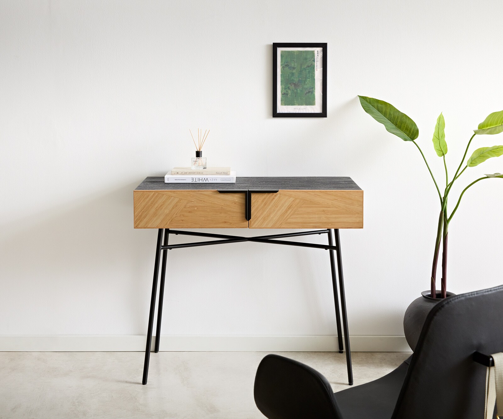 Konsolentisch Mikkusu 90x45 cm Bambus Natur Mango Schwarz 2 Schubladen Metall Schwarz 1