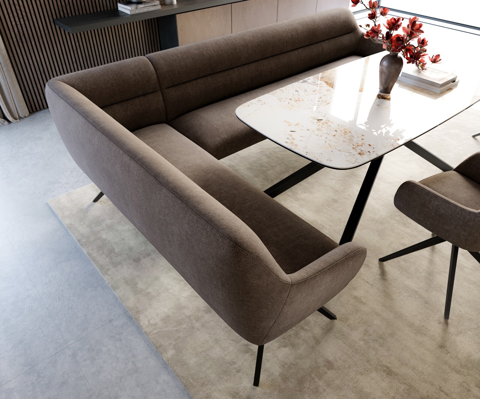 Esszimmerbank Taya-Flex 285x190 cm Strukturstoff Soft Taupe Kreuzgestell kantig Schwarz Taschenfederkern Rechts 4
